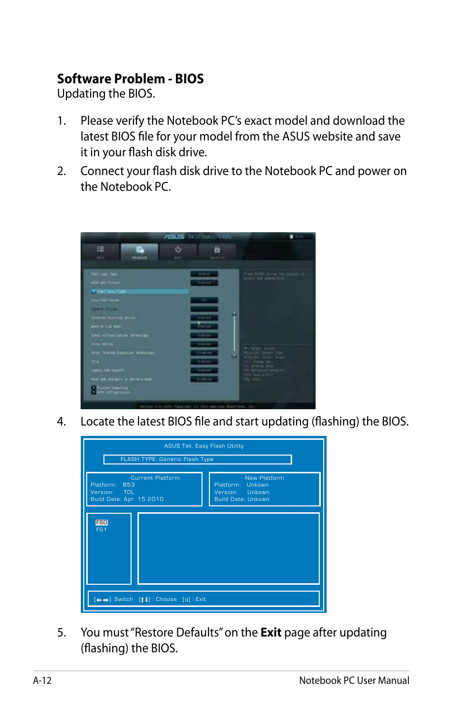 Software problem - bios | Asus B53V User Manual | Page 92 / 120