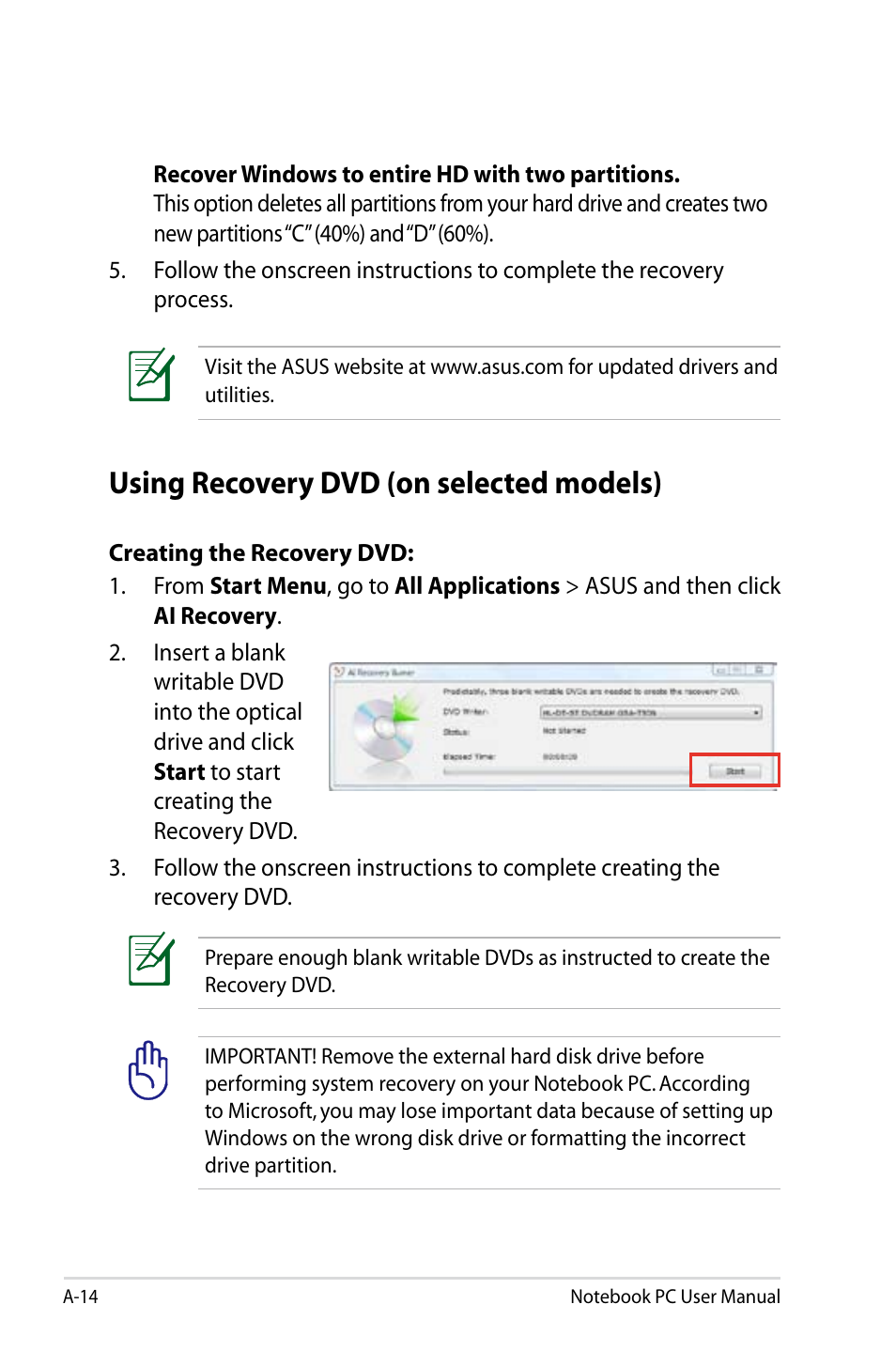 Using recovery dvd (on selected models) | Asus B53V User Manual | Page 94 / 120