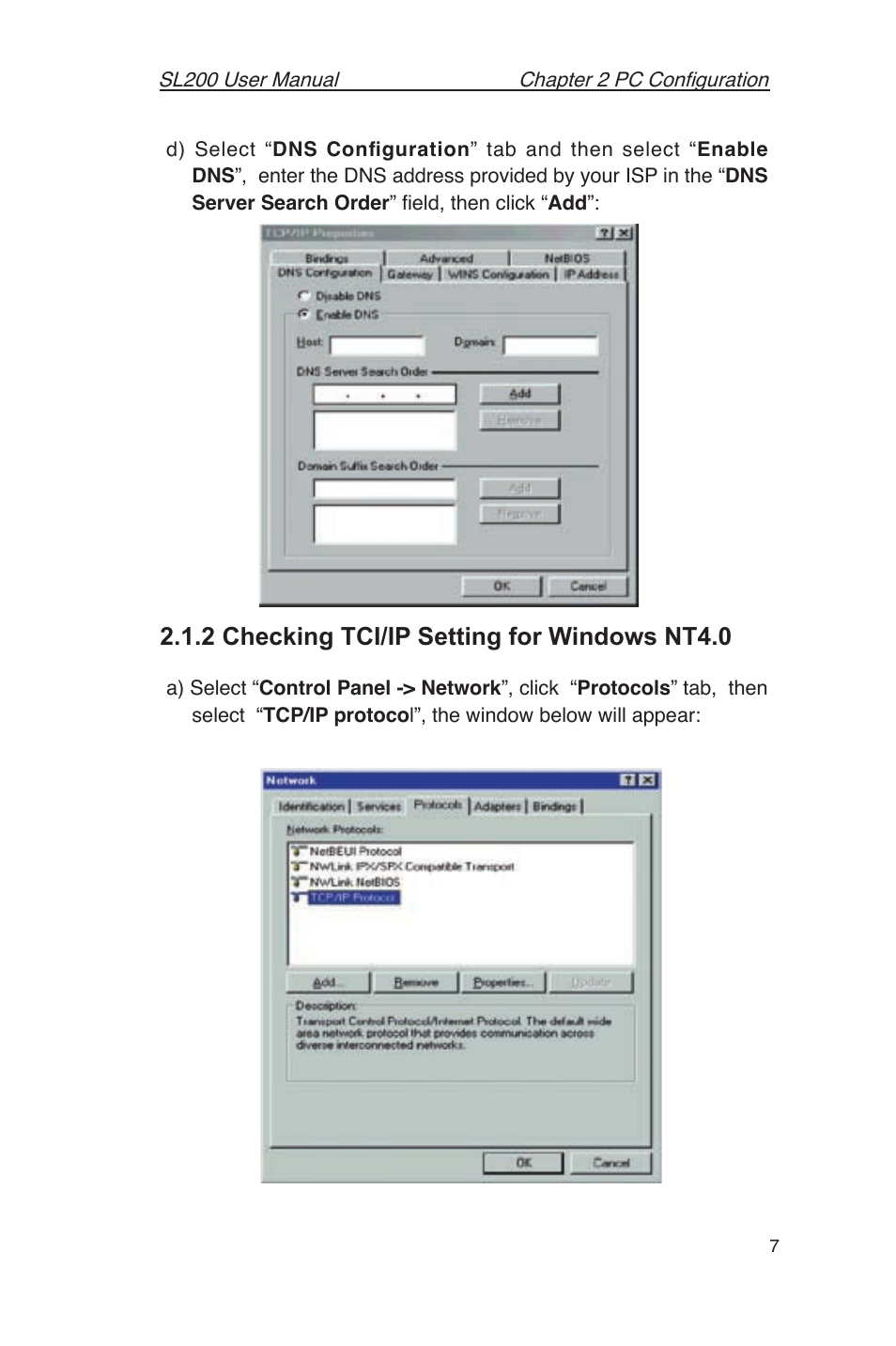 2 checking tci/ip setting for windows nt4.0 | Asus SL200 User Manual | Page 11 / 52