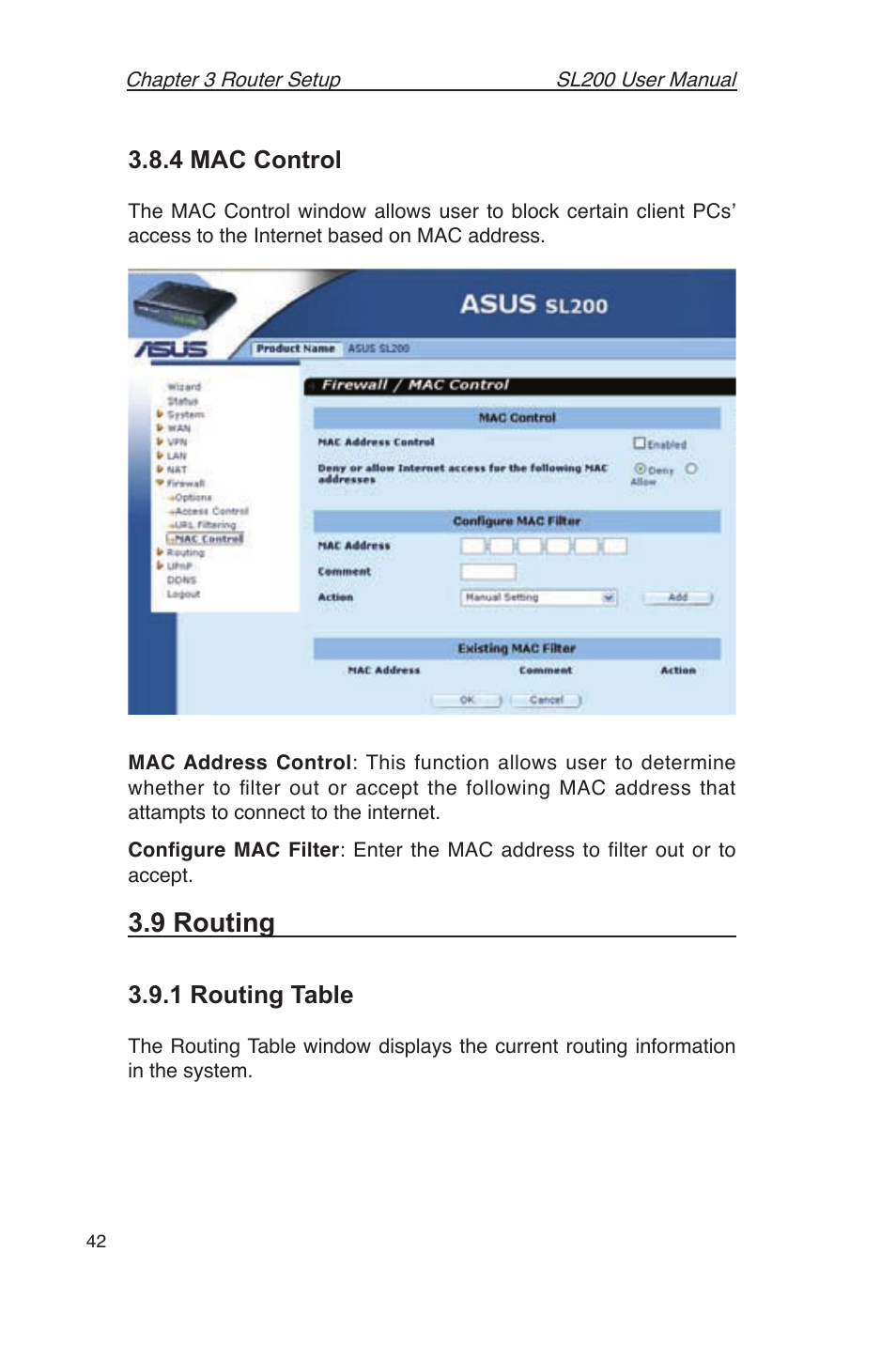 9 routing, 4 mac control, 1 routing table | Asus SL200 User Manual | Page 46 / 52