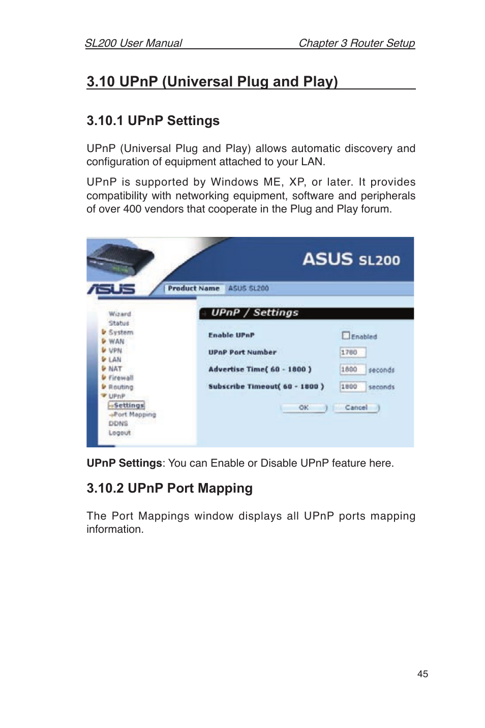 10 upnp (universal plug and play), 1 upnp settings, 2 upnp port mapping | Asus SL200 User Manual | Page 49 / 52