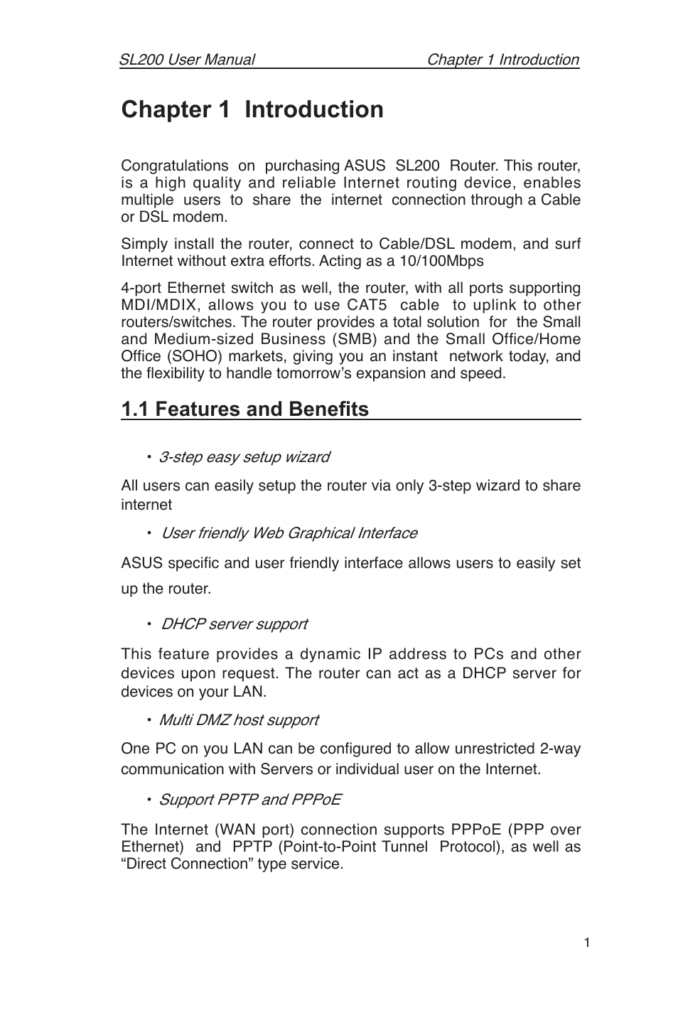 Chapter 1 introduction, 1 features and beneﬁts | Asus SL200 User Manual | Page 5 / 52