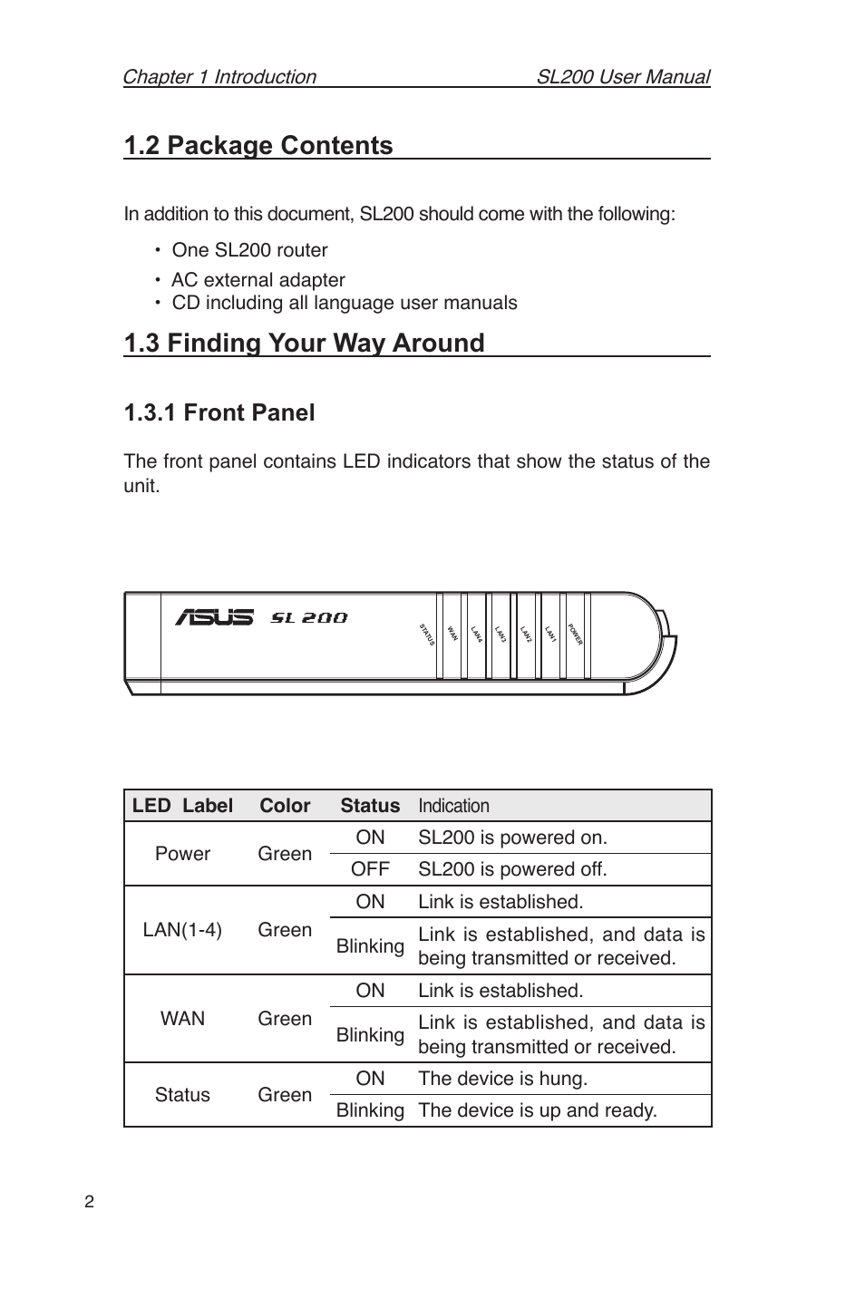 2 package contents, 3 finding your way around, 1 front panel | Chapter.1.introducton | Asus SL200 User Manual | Page 6 / 52