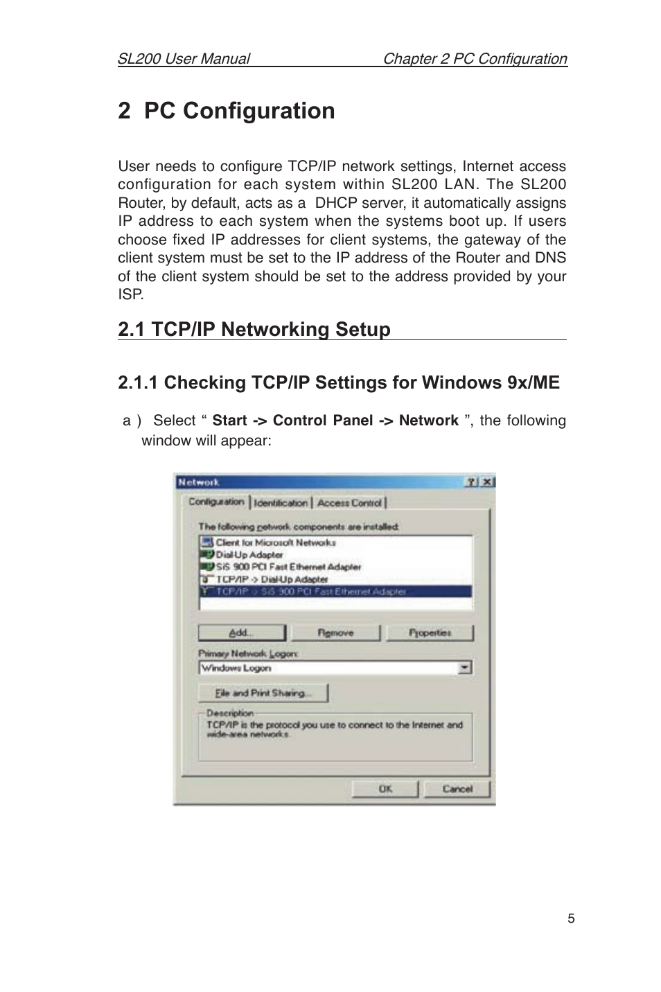 2 pc conﬁguration, 1 tcp/ip networking setup, 1 checking tcp/ip settings for windows 9x/me | Asus SL200 User Manual | Page 9 / 52