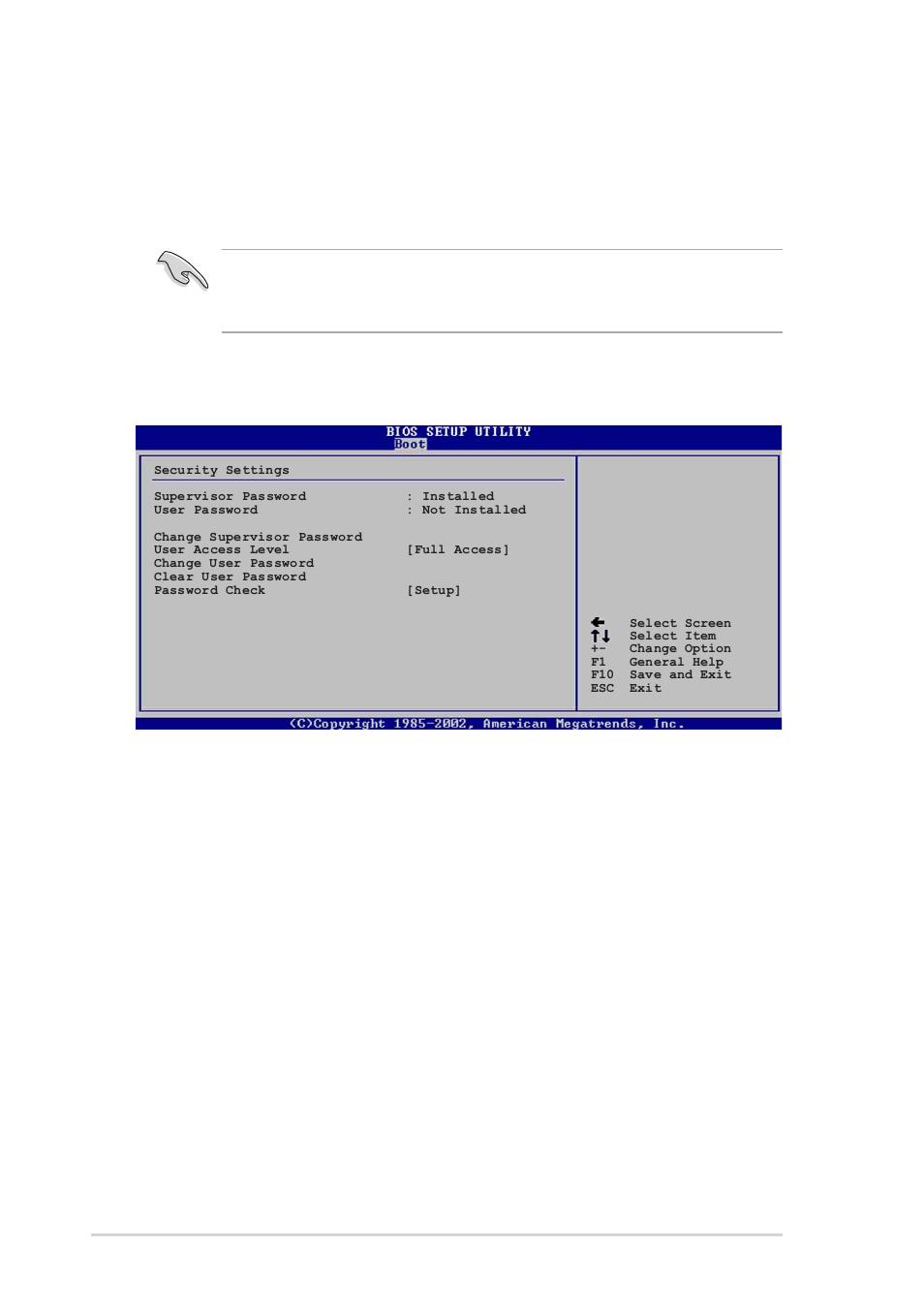 User access level (full access, Change user password | Asus P4P800-E Deluxe User Manual | Page 106 / 143