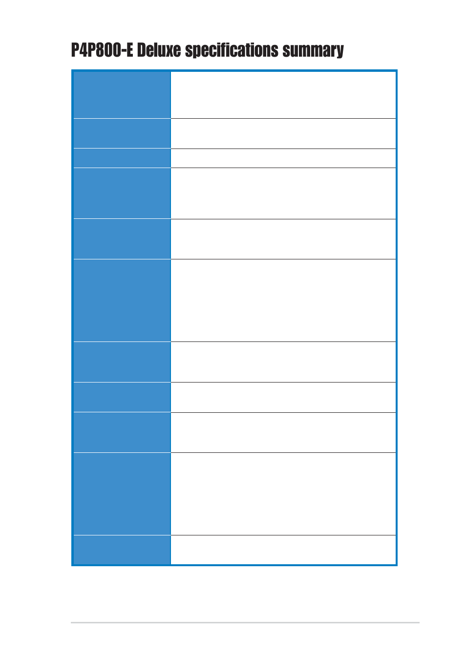 P4p800-e deluxe specifications summary | Asus P4P800-E Deluxe User Manual | Page 11 / 143