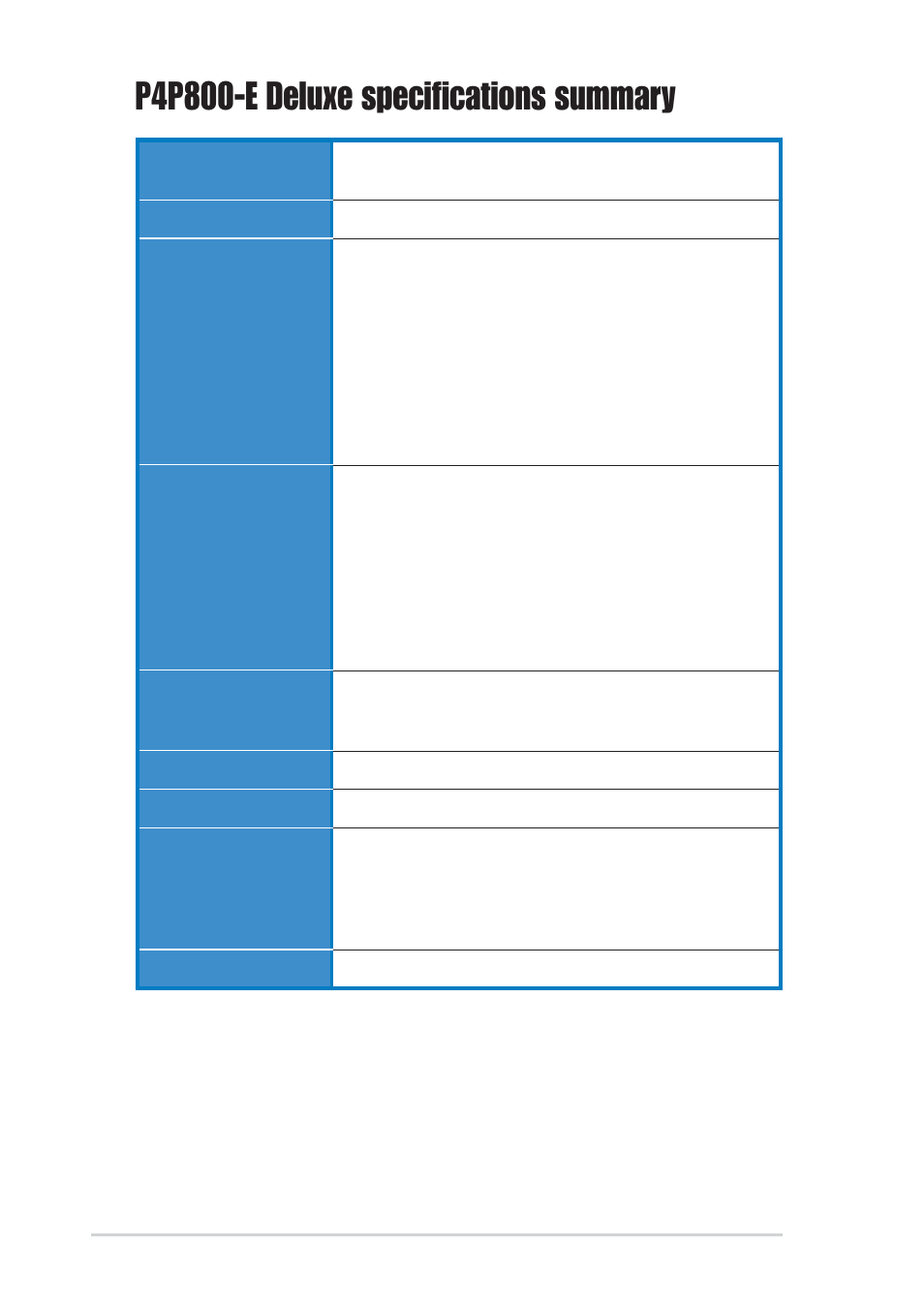 P4p800-e deluxe specifications summary | Asus P4P800-E Deluxe User Manual | Page 12 / 143