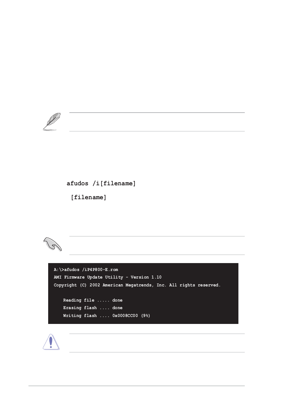 2 using afudos to update the bios | Asus P4P800-E Deluxe User Manual | Page 72 / 143