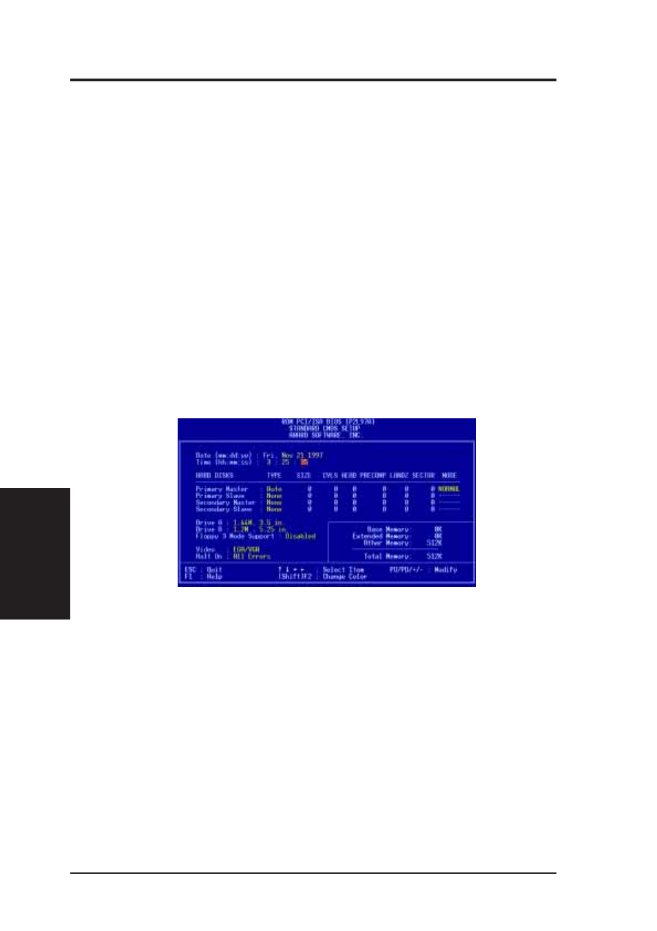 Iv. bios software, Standard cmos setup | Asus P2L97A User Manual | Page 34 / 58