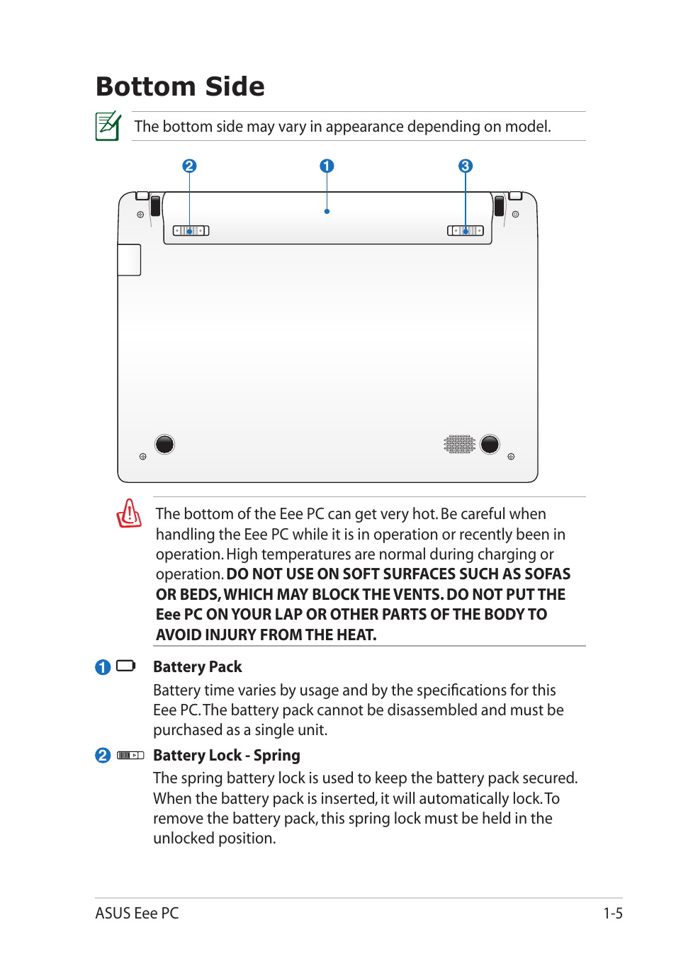 Bottom side, Bottom side -5 | Asus Eee PC R11CX User Manual | Page 13 / 60