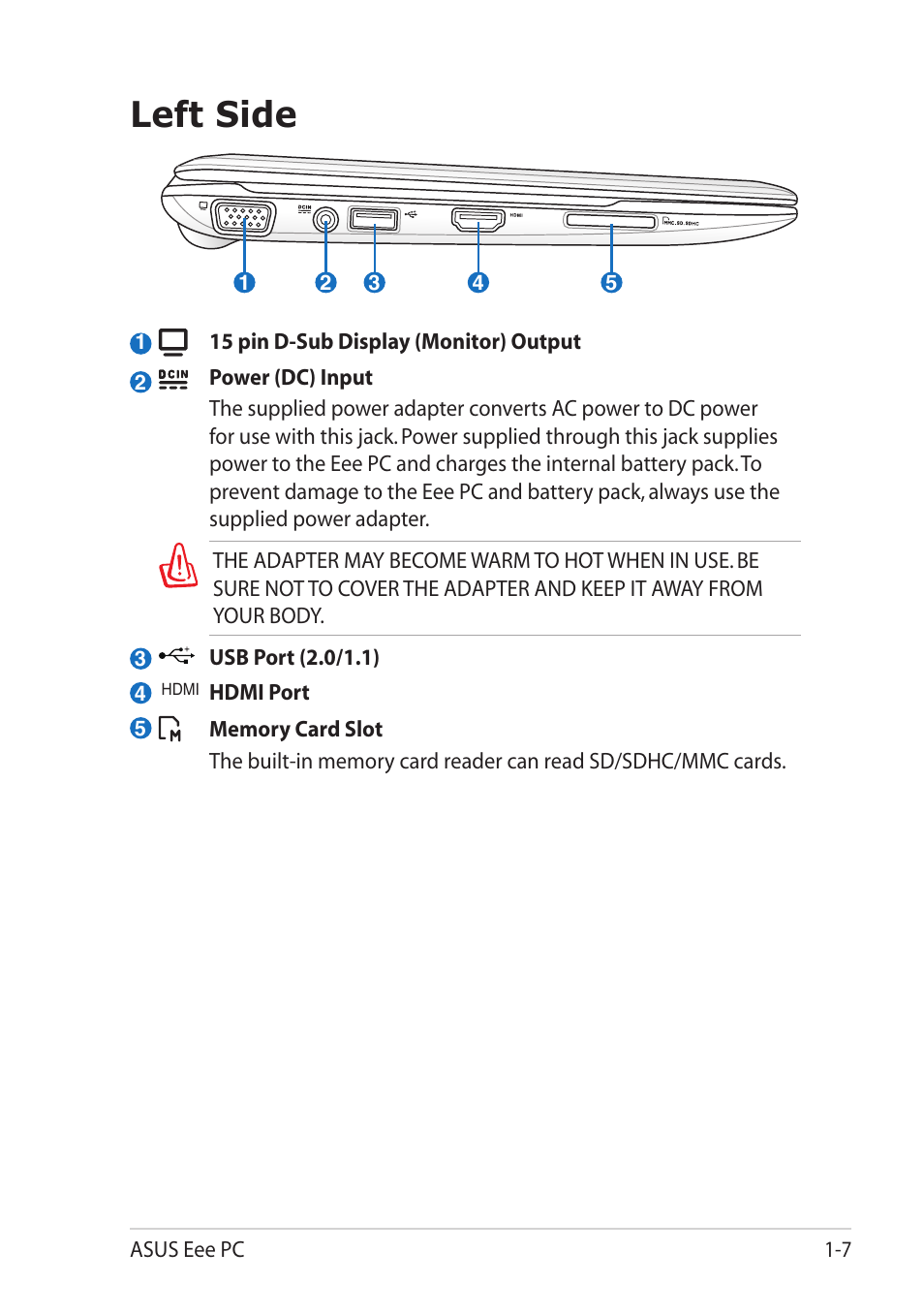 Left side, Left side -7 | Asus Eee PC R11CX User Manual | Page 15 / 60