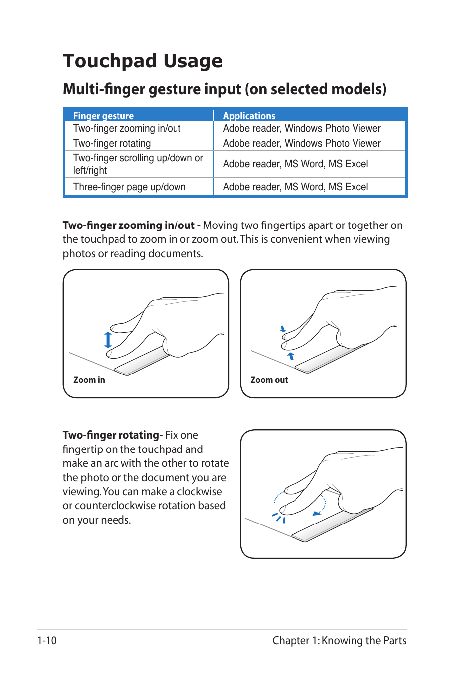 Touchpad usage, Multi-finger gesture input (on selected models), Touchpad usage -10 | Asus Eee PC R11CX User Manual | Page 18 / 60