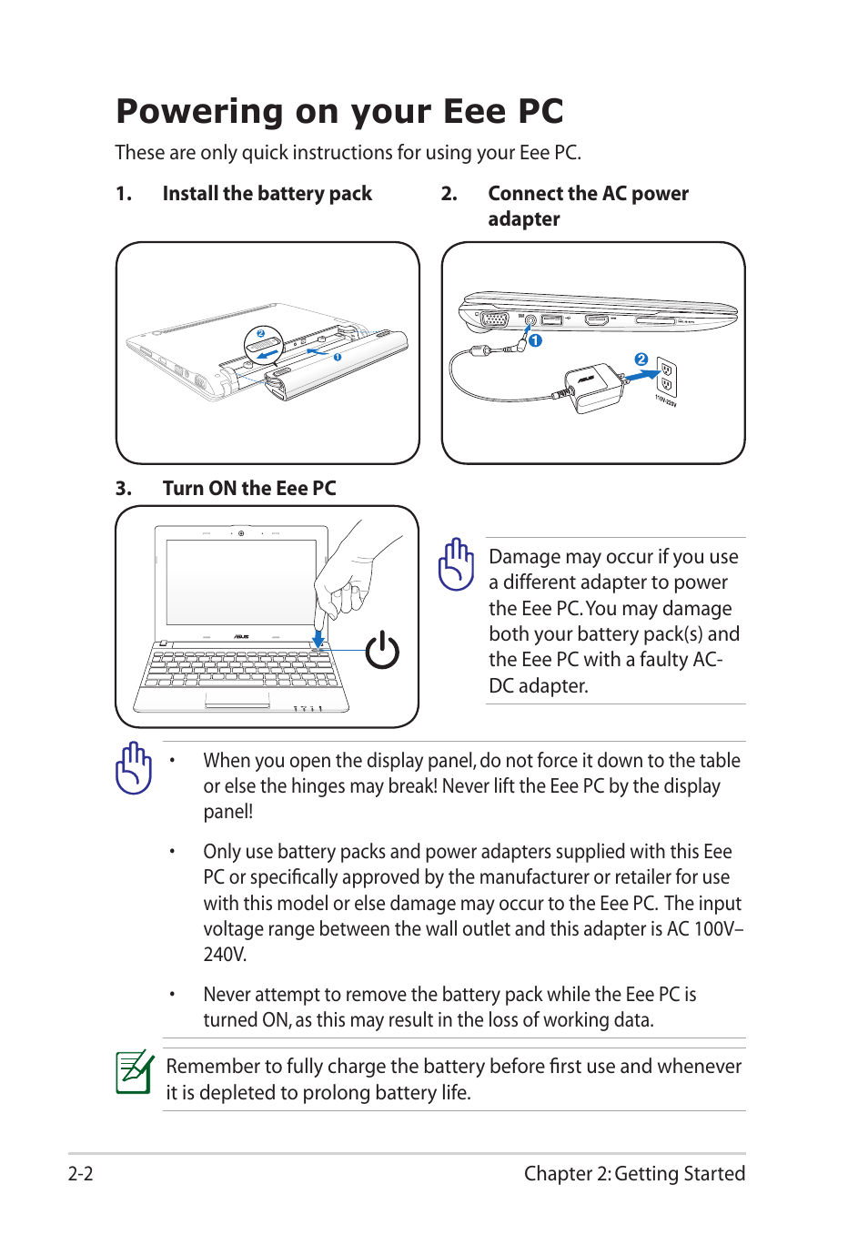 Powering on your eee pc, Powering on your eee pc -2 | Asus Eee PC R11CX User Manual | Page 22 / 60