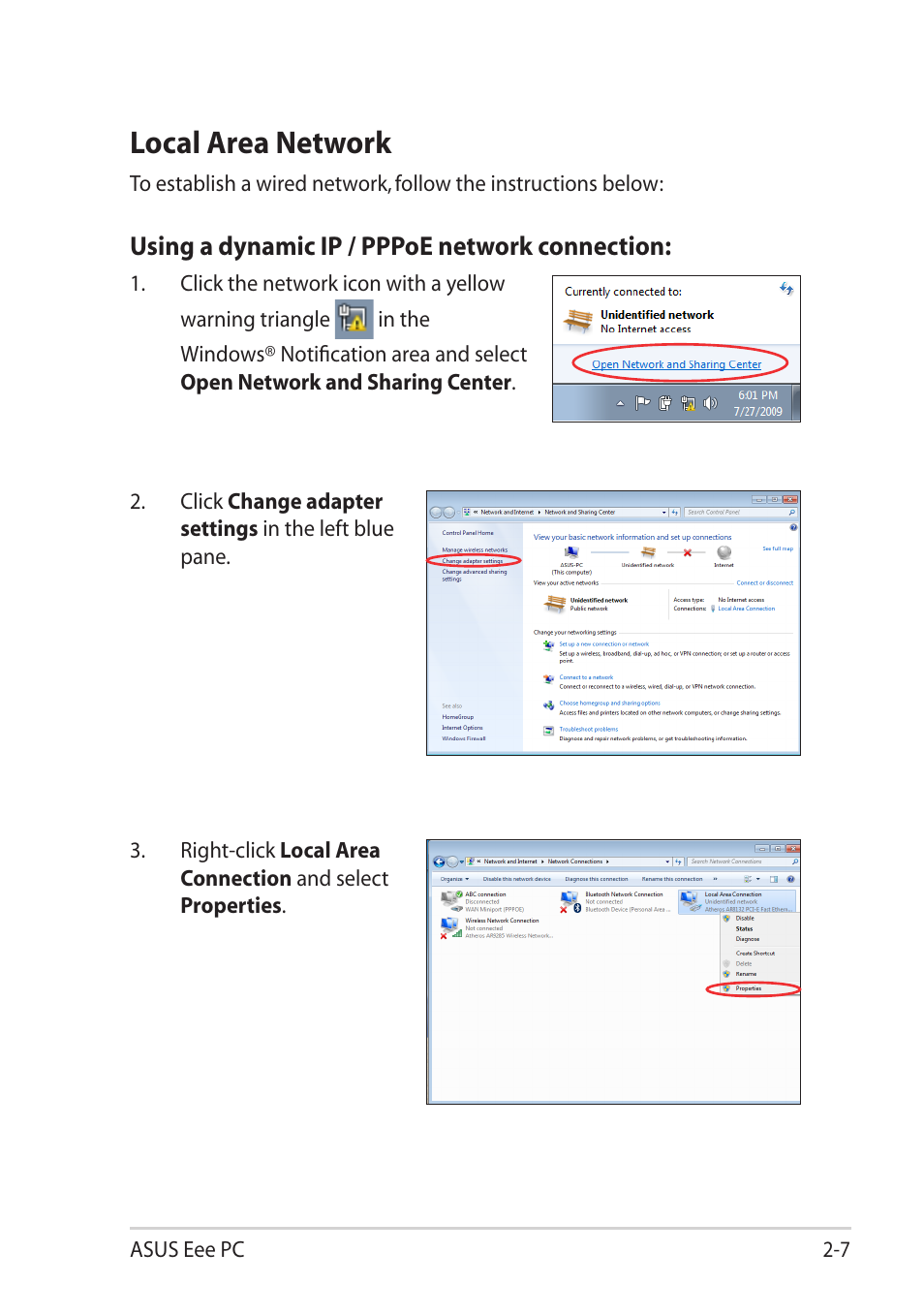 Local area network, Local area network -7 | Asus Eee PC R11CX User Manual | Page 27 / 60