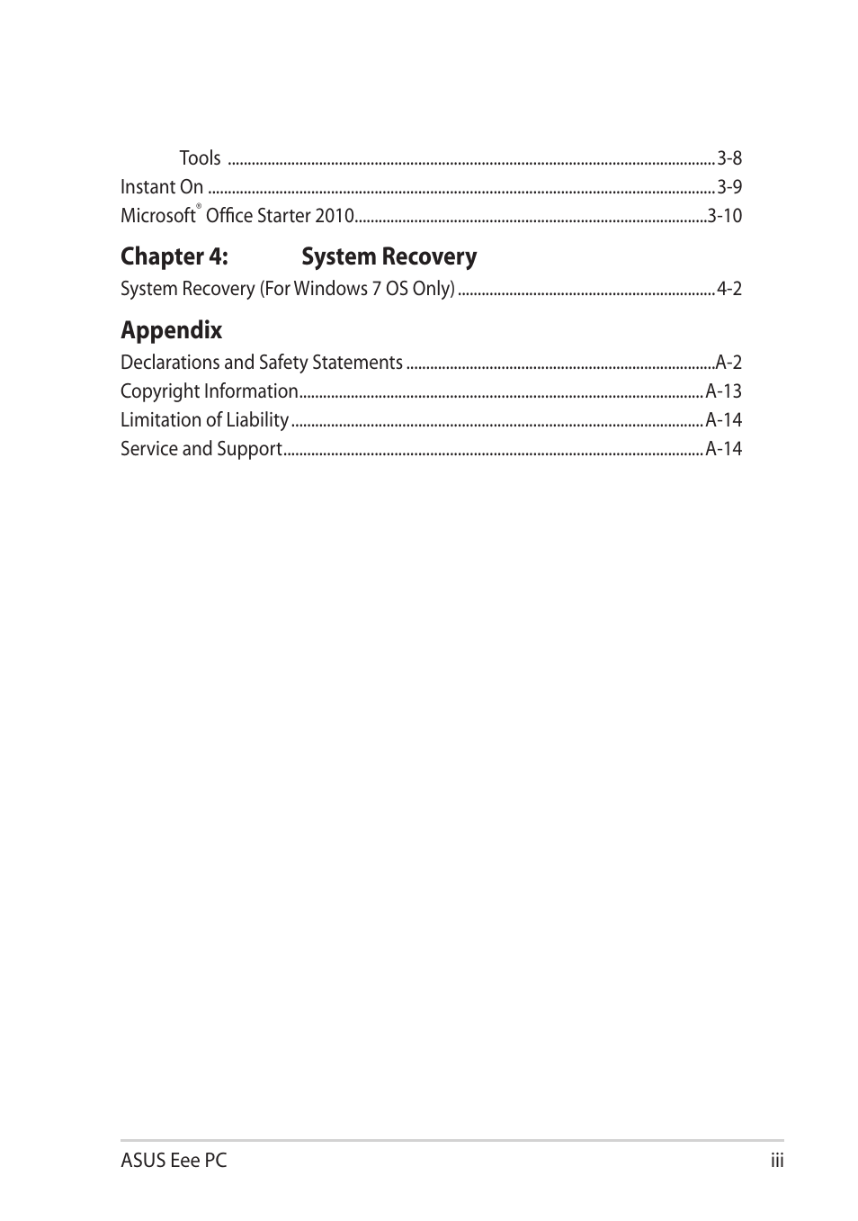 Chapter 4: system recovery, Appendix | Asus Eee PC R11CX User Manual | Page 3 / 60