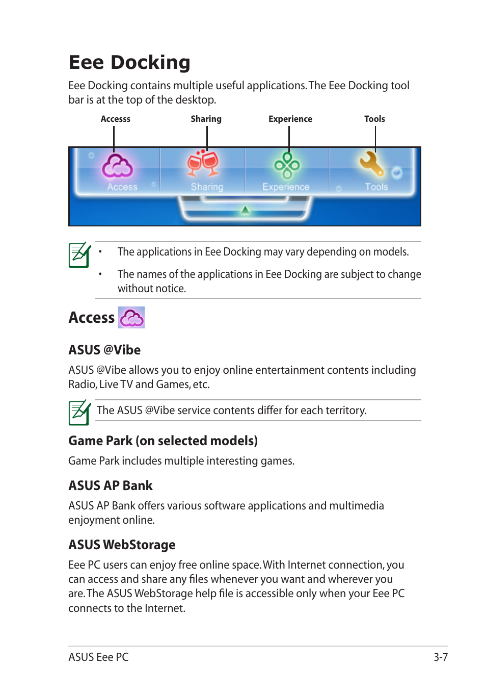 Eee docking, Access, Eee docking -7 | Access -7 | Asus Eee PC R11CX User Manual | Page 37 / 60