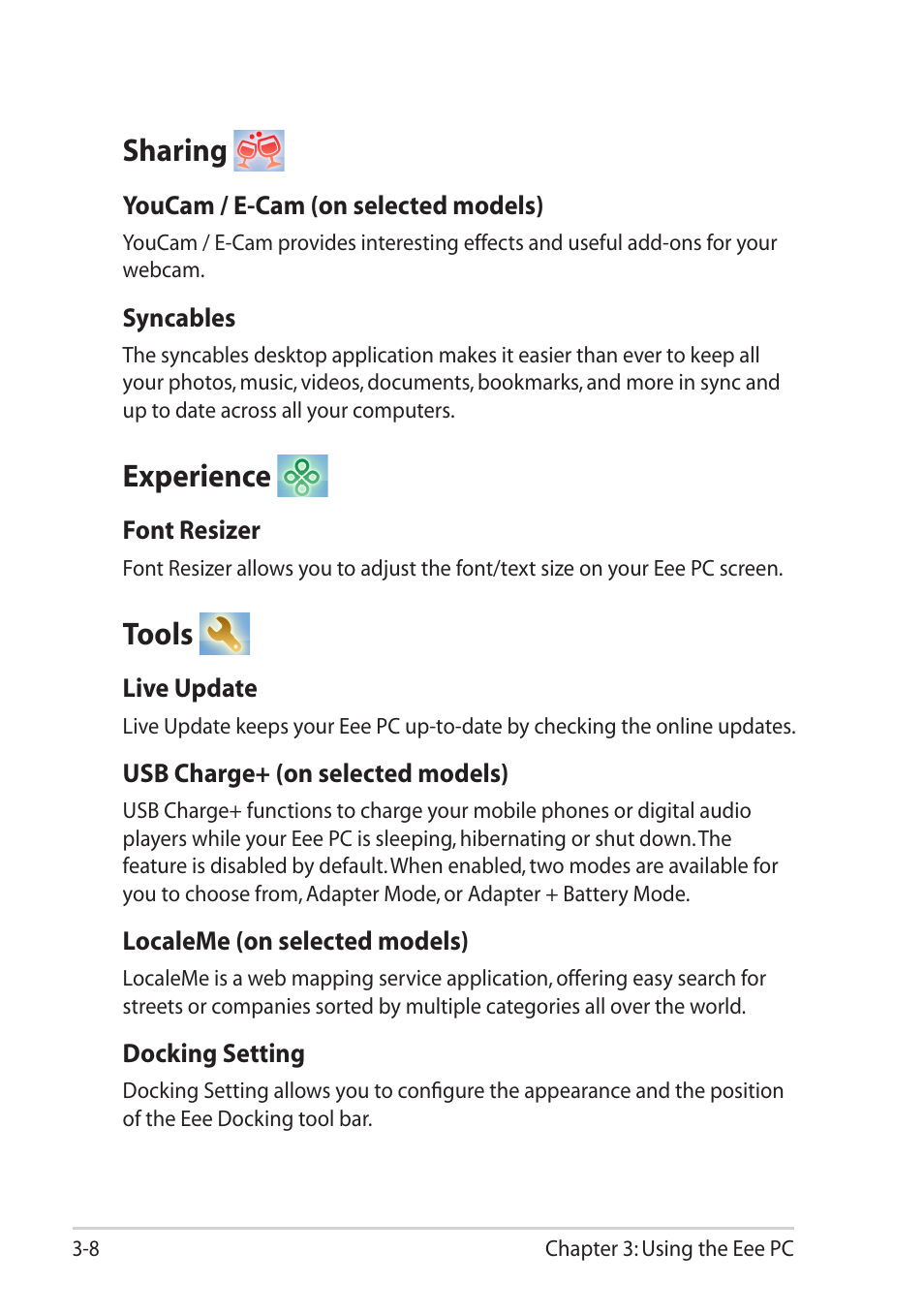 Sharing, Experience, Tools | Sharing -8 experience -8, Tools -8 | Asus Eee PC R11CX User Manual | Page 38 / 60