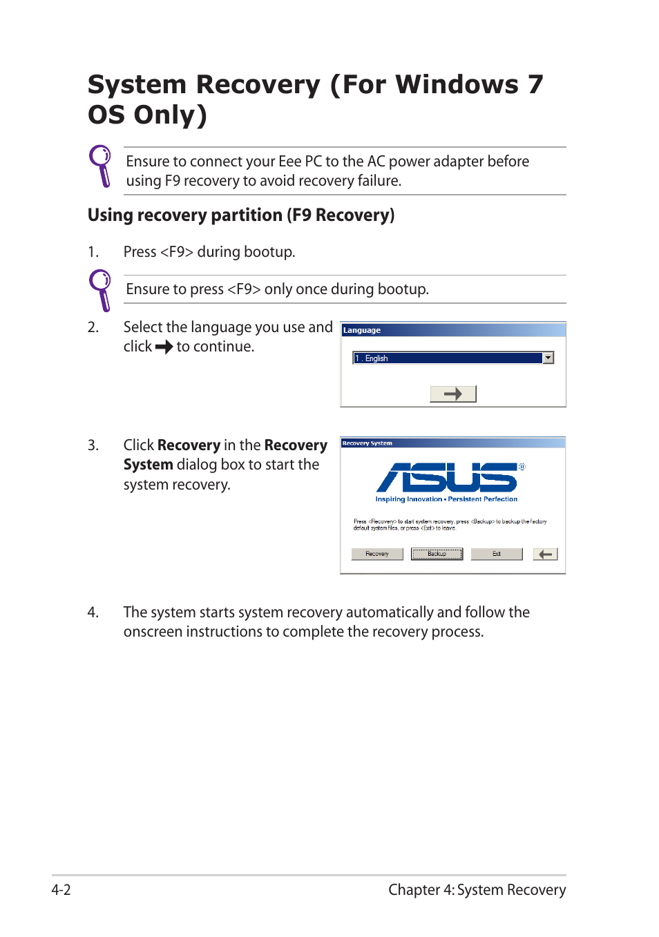 System recovery (for windows 7 os only), System recovery (for windows 7 os only) -2 | Asus Eee PC R11CX User Manual | Page 44 / 60