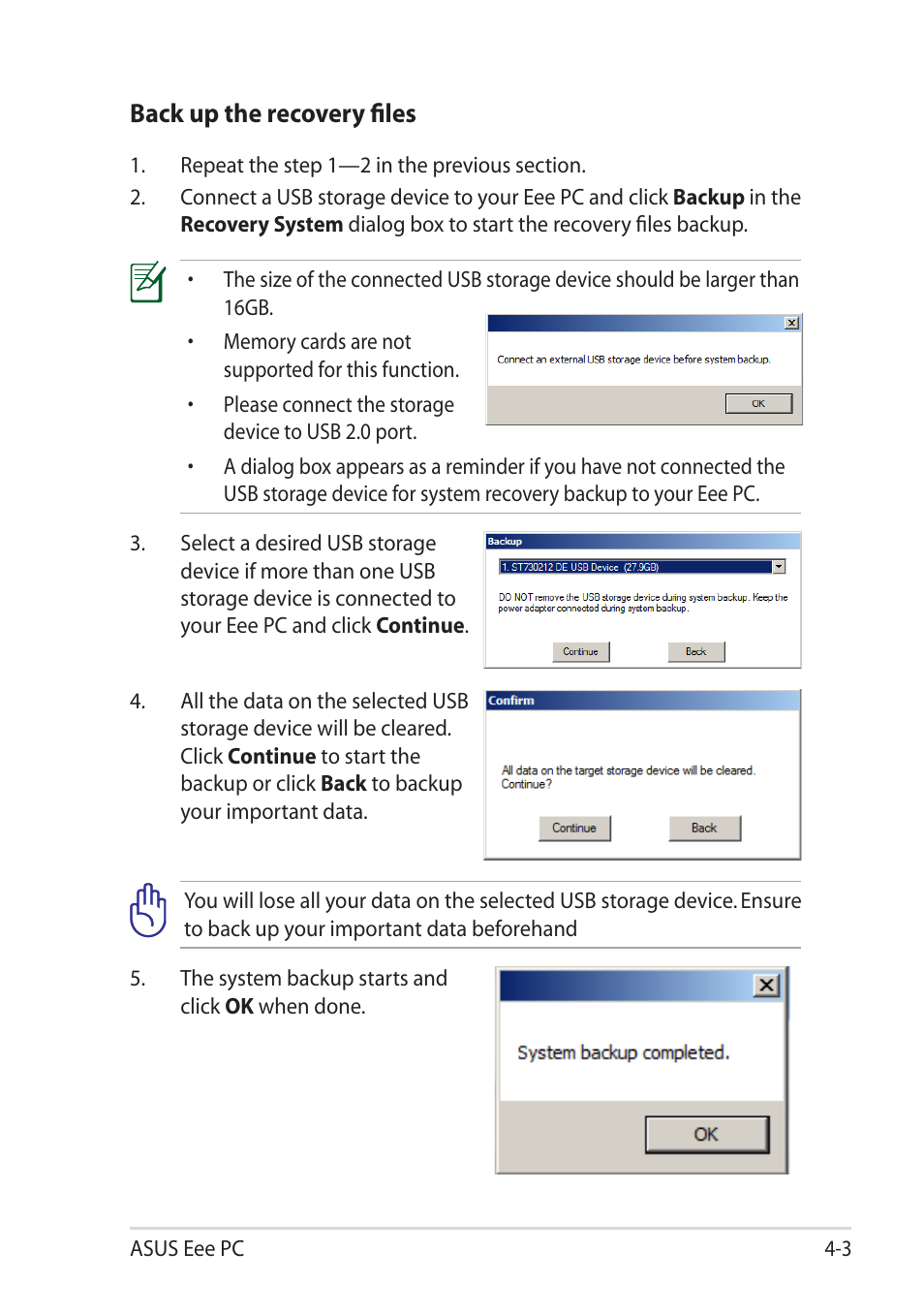 Back up the recovery files | Asus Eee PC R11CX User Manual | Page 45 / 60