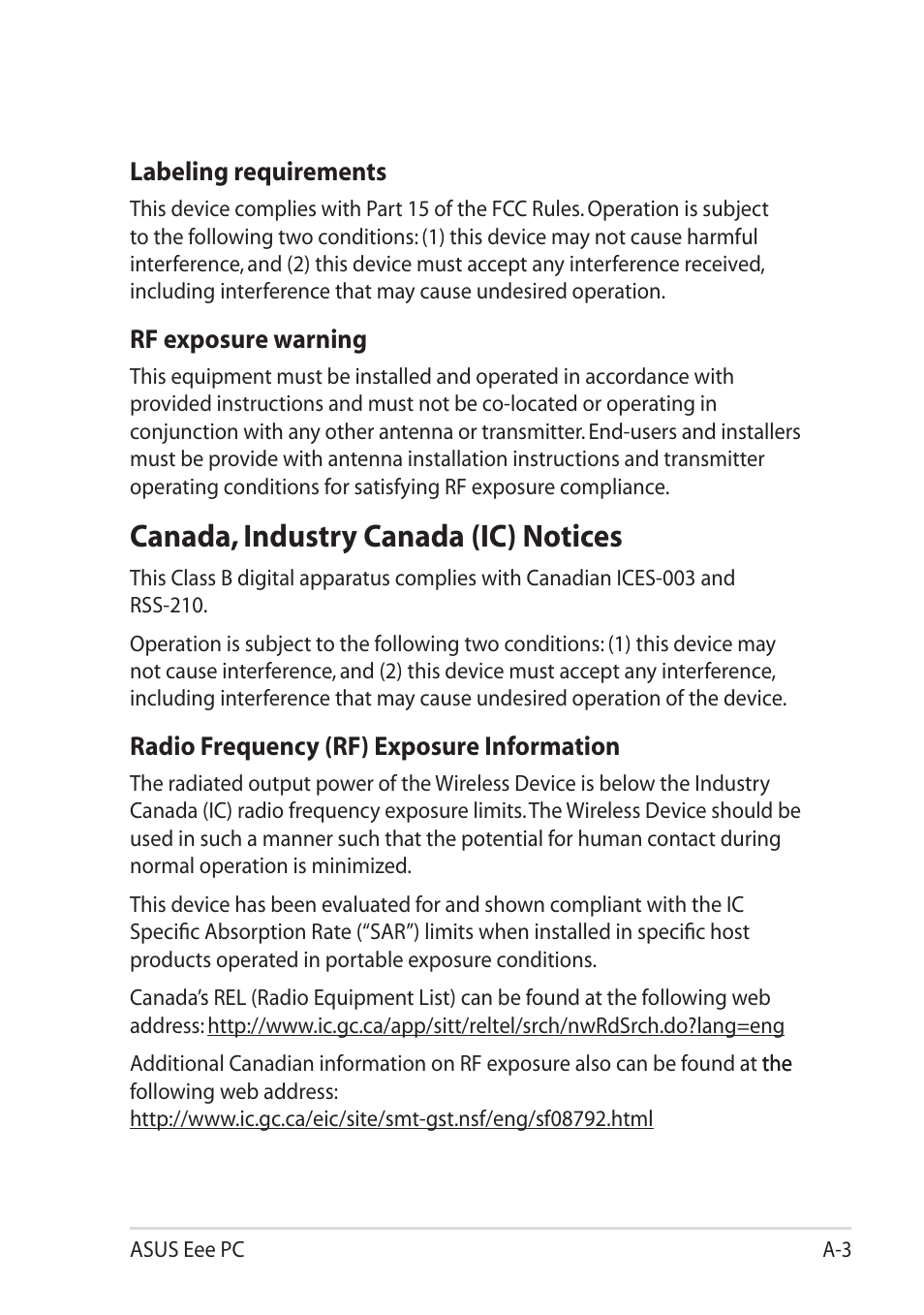 Canada, industry canada (ic) notices | Asus Eee PC R11CX User Manual | Page 49 / 60