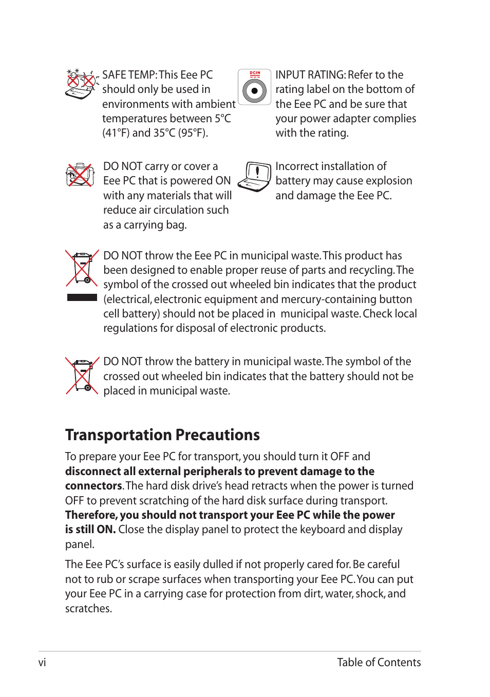 Transportation precautions | Asus Eee PC R11CX User Manual | Page 6 / 60