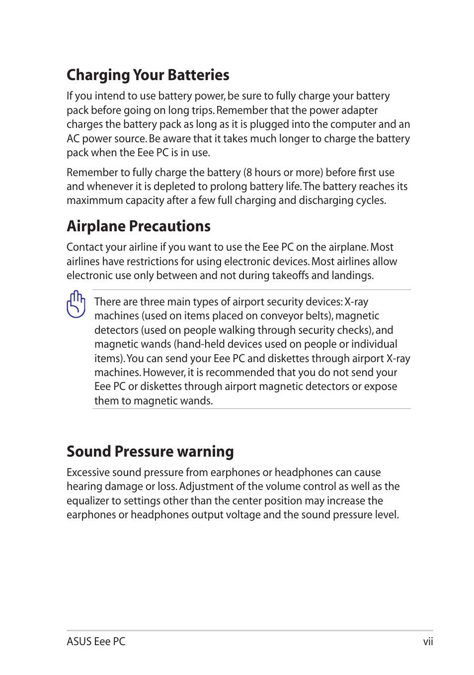 Charging your batteries, Airplane precautions, Sound pressure warning | Asus Eee PC R11CX User Manual | Page 7 / 60