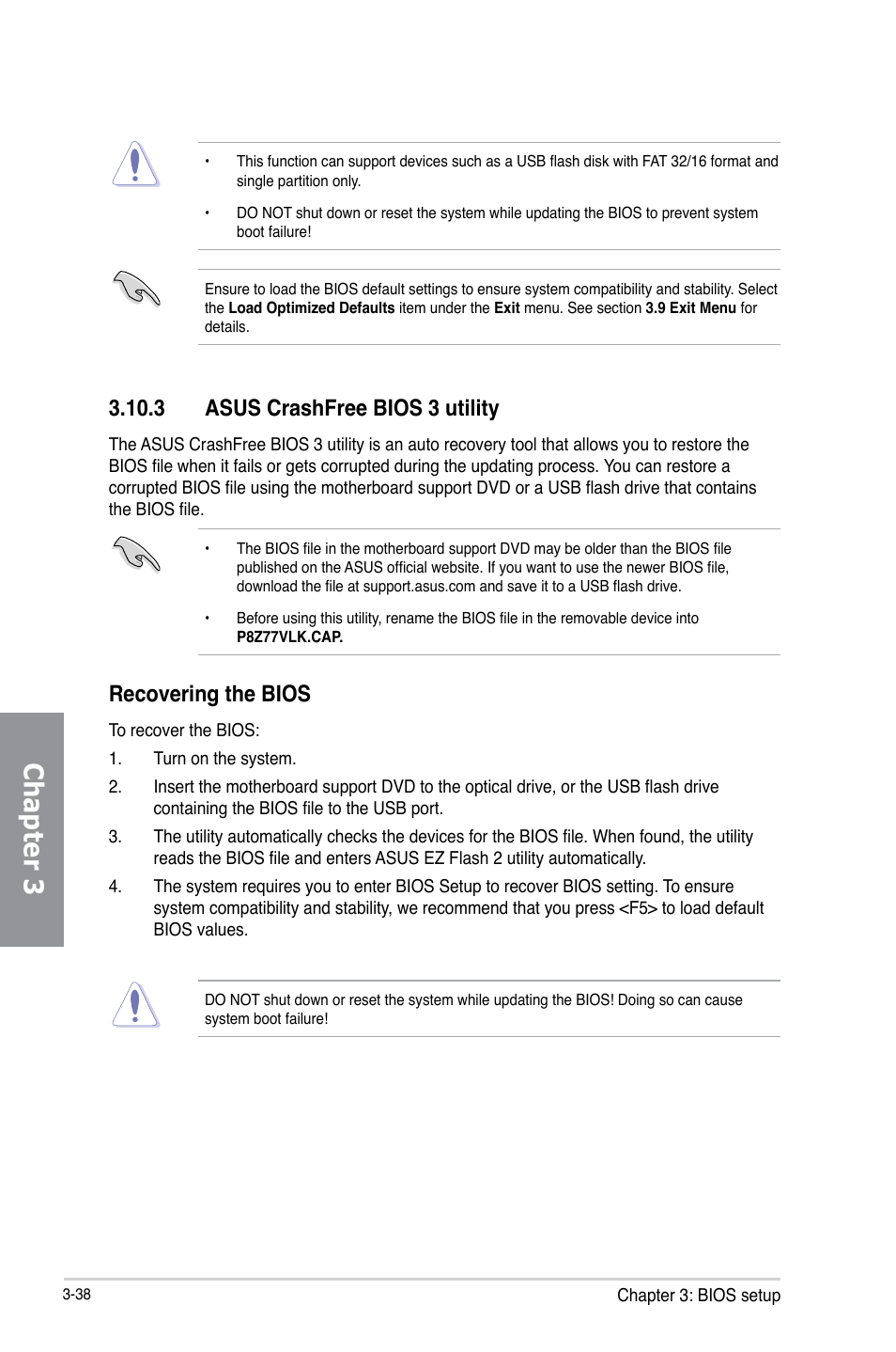 3 asus crashfree bios 3 utility, Asus crashfree bios 3 utility -38, Chapter 3 | Recovering the bios | Asus P8Z77-V LK User Manual | Page 100 / 154