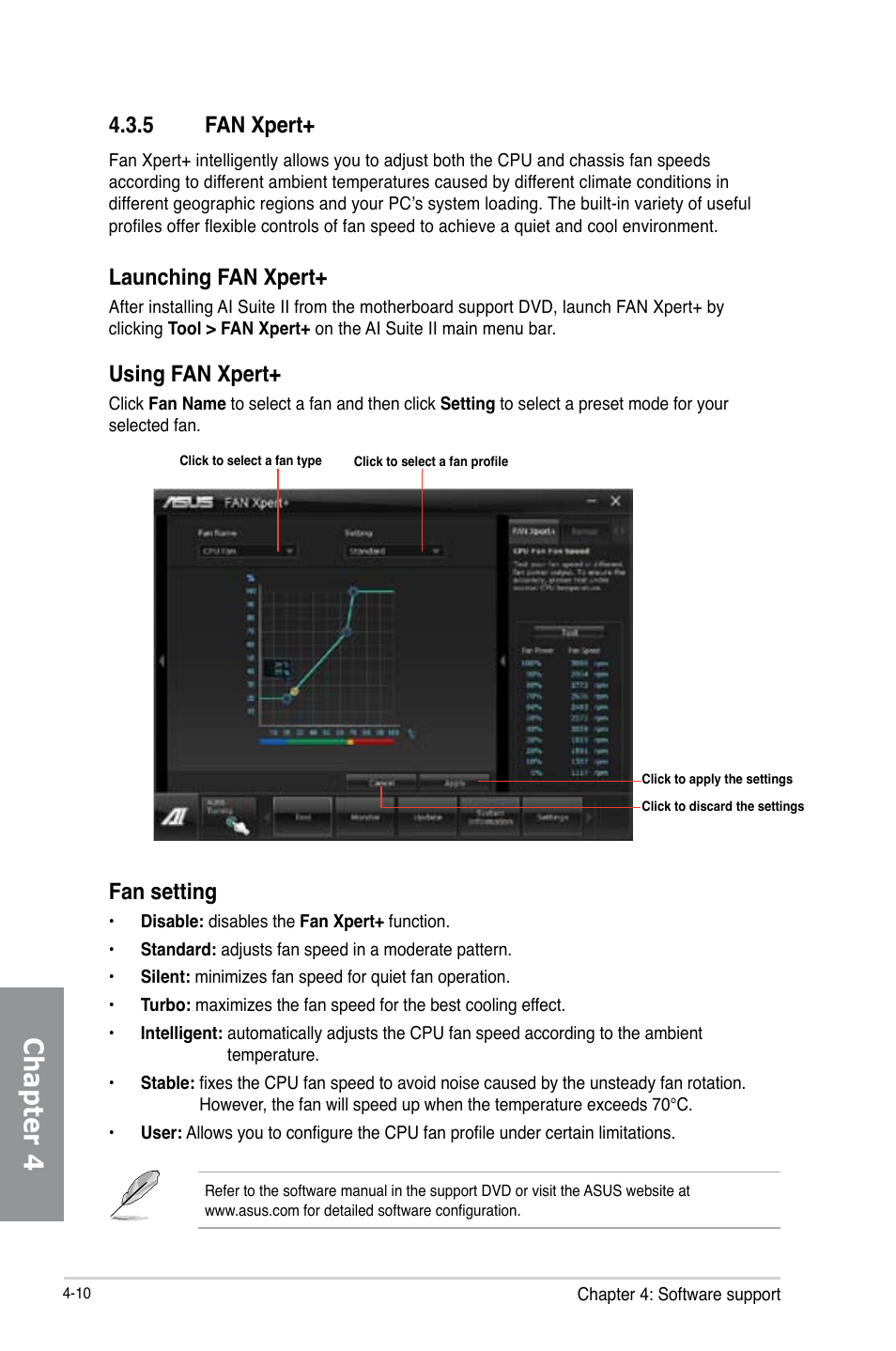 5 fan xpert, Fan xpert+ -10, Chapter 4 | Launching fan xpert, Fan setting, Using fan xpert | Asus P8Z77-V LK User Manual | Page 112 / 154
