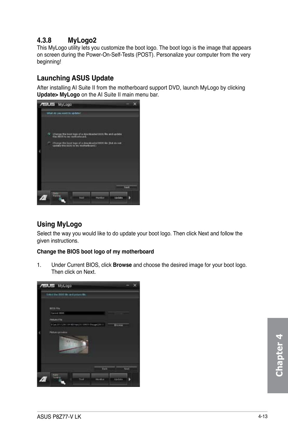 8 mylogo2, Mylogo2 -13, Chapter 4 | Launching asus update, Using mylogo | Asus P8Z77-V LK User Manual | Page 115 / 154