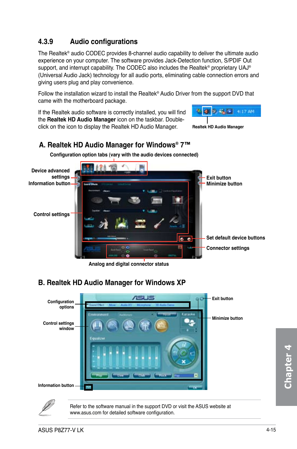 9 audio configurations, Audio configurations -15, Chapter 4 | B. realtek hd audio manager for windows xp, A. realtek hd audio manager for windows | Asus P8Z77-V LK User Manual | Page 117 / 154