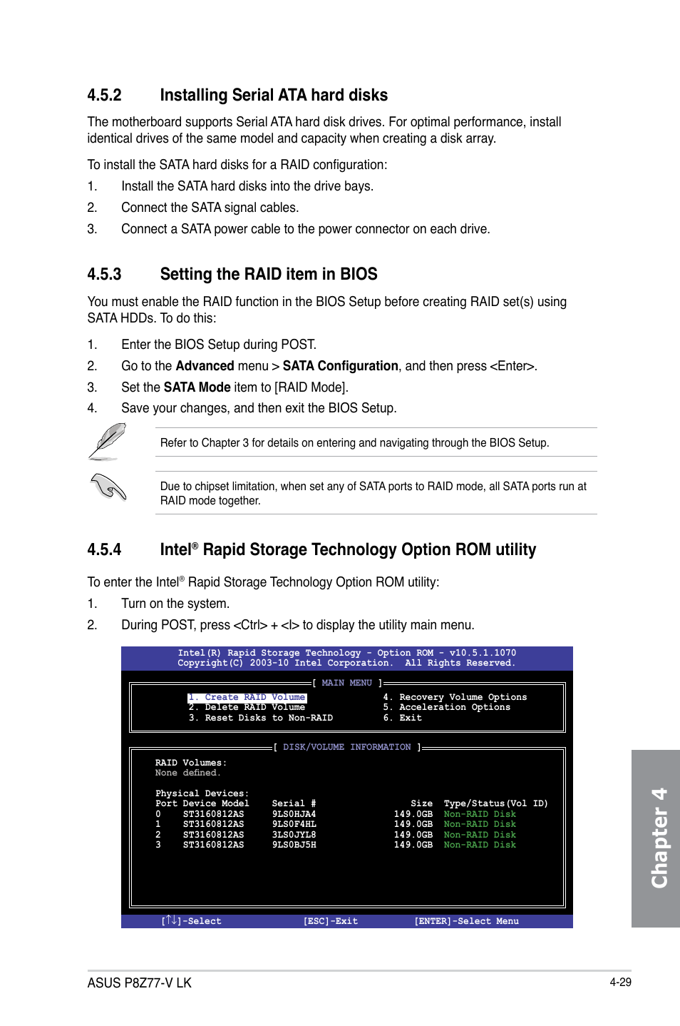 2 installing serial ata hard disks, 3 setting the raid item in bios, Installing serial ata hard disks -29 | Setting the raid item in bios -29, Intel, Rapid storage technology option rom utility -29, Chapter 4, 4 intel, Rapid storage technology option rom utility | Asus P8Z77-V LK User Manual | Page 131 / 154