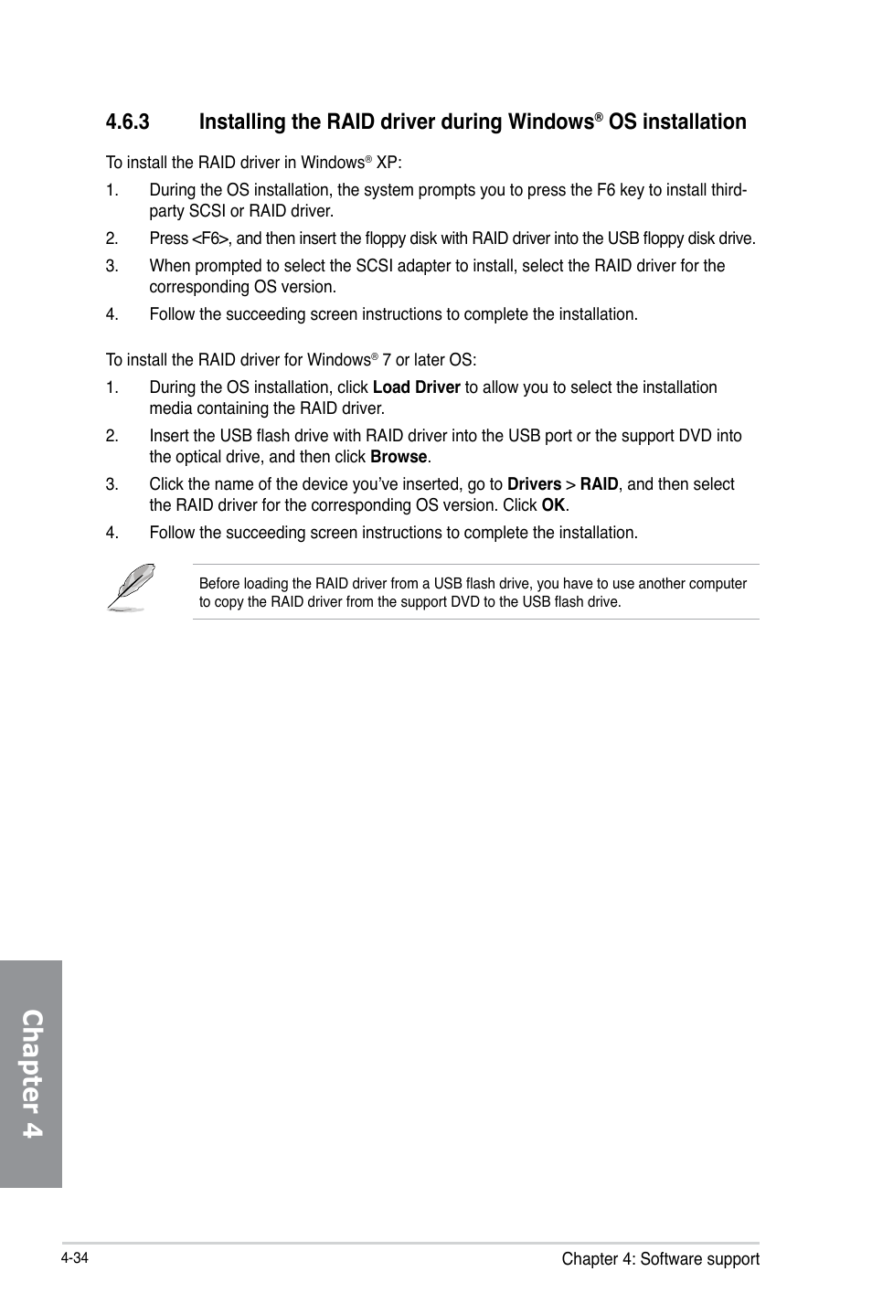 Installing the raid driver during windows, Os installation -34, Chapter 4 | 3 installing the raid driver during windows, Os installation | Asus P8Z77-V LK User Manual | Page 136 / 154