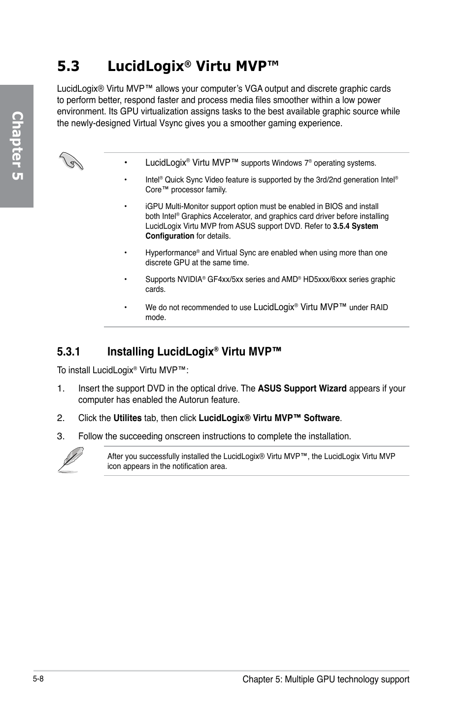 3 lucidlogix® virtu mvp, 1 installing lucidlogix® virtu mvp, Lucidlogix | Virtu mvp™ -8, Installing lucidlogix, Chapter 5 5.3 lucidlogix, Virtu mvp, 1 installing lucidlogix | Asus P8Z77-V LK User Manual | Page 146 / 154