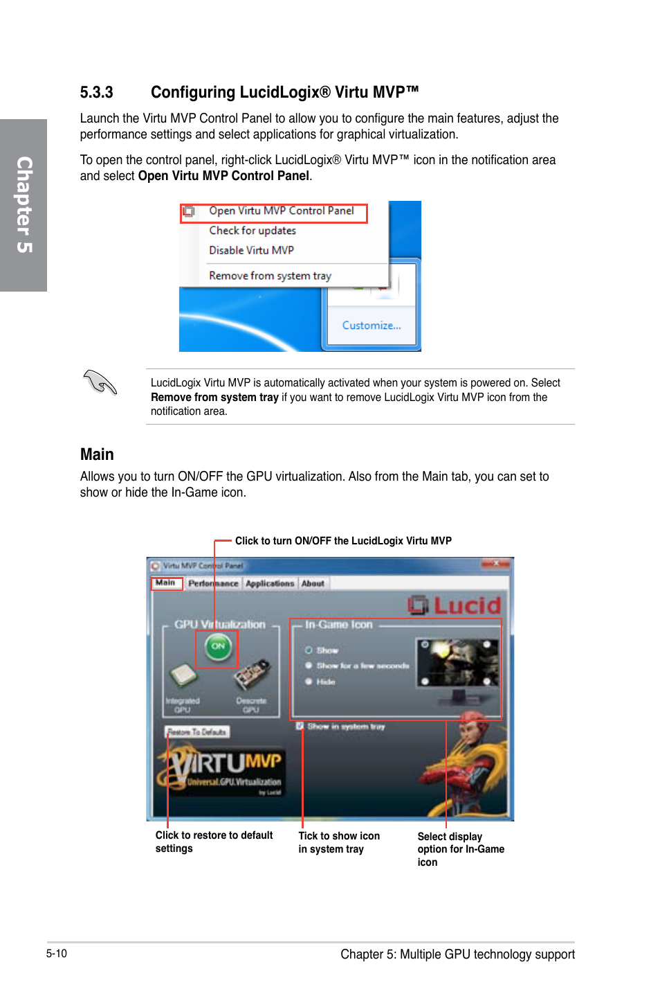 3 configuring lucidlogix® virtu mvp, Configuring lucidlogix® virtu mvp™ -10, Chapter 5 | Main | Asus P8Z77-V LK User Manual | Page 148 / 154