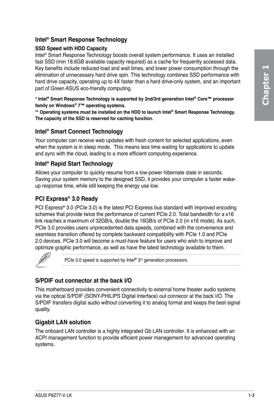 Chapter 1, Intel, Smart response technology | Smart connect technology, Rapid start technology, Pci express, 0 ready, S/pdif out connector at the back i/o, Gigabit lan solution | Asus P8Z77-V LK User Manual | Page 15 / 154