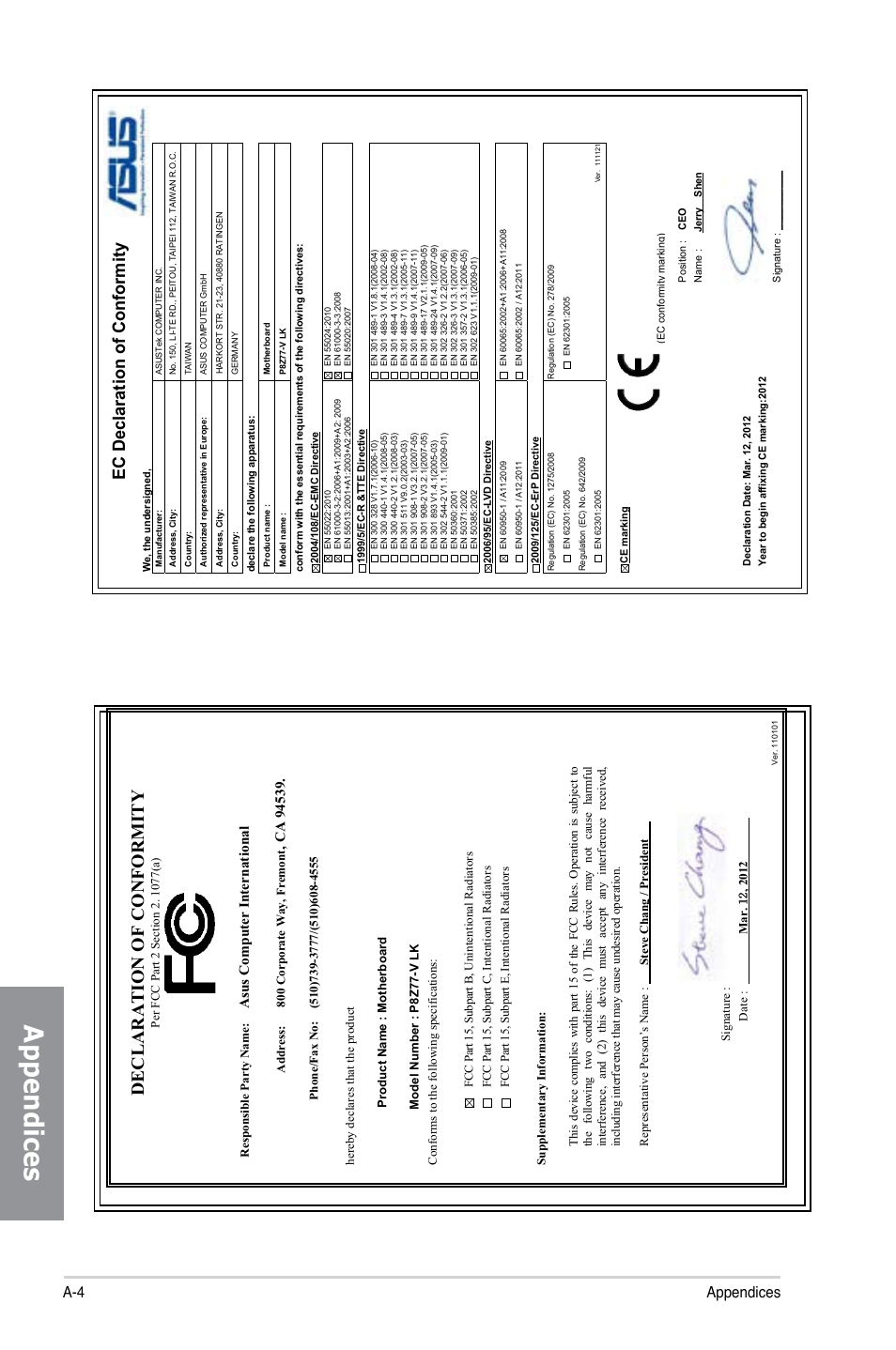 Appendices, Declaration of conformity, Ec declaration of conformity | A-4 appendices | Asus P8Z77-V LK User Manual | Page 154 / 154