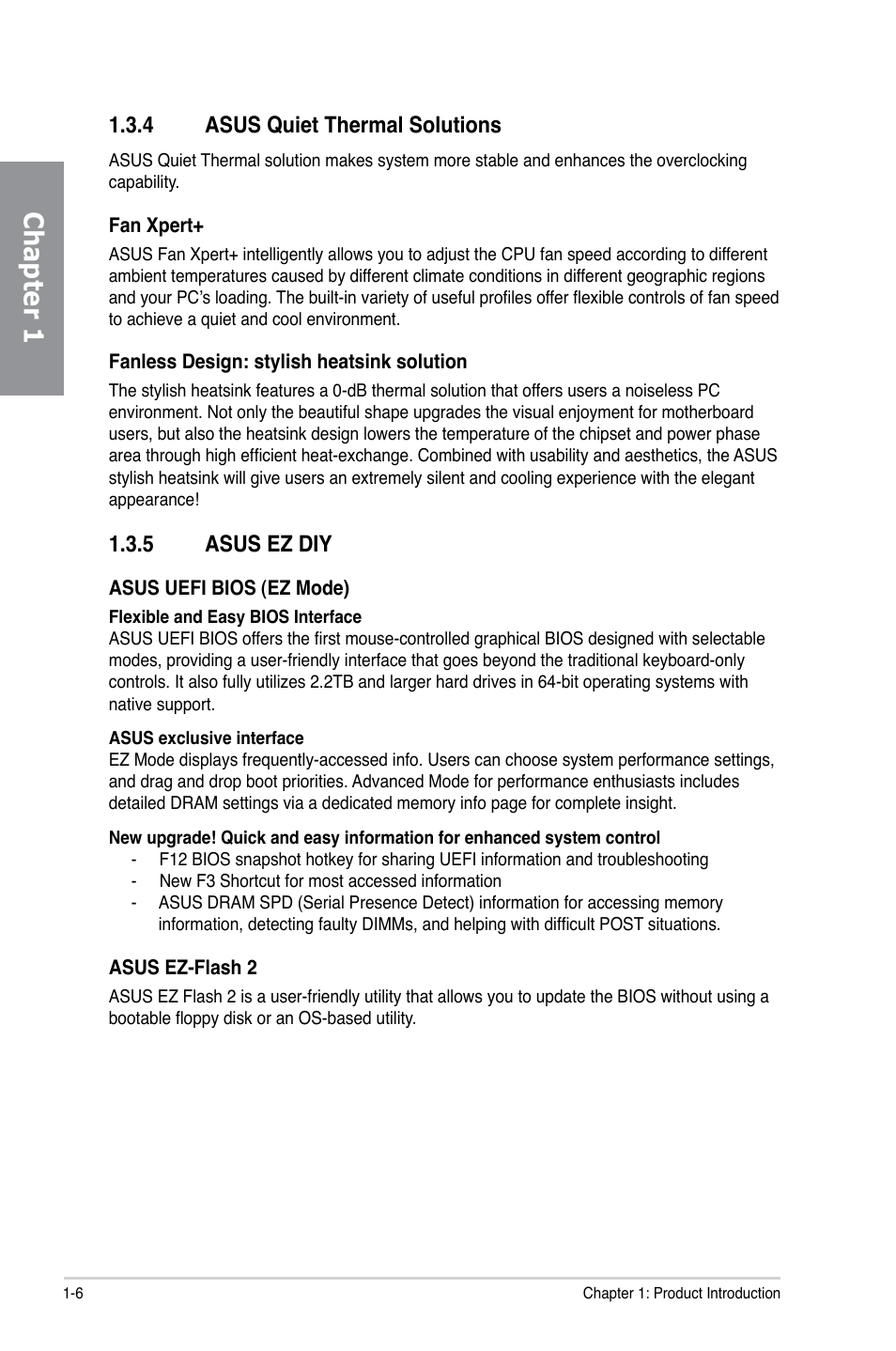 4 asus quiet thermal solutions, 5 asus ez diy, Asus quiet thermal solutions -6 | Asus ez diy -6, Chapter 1 | Asus P8Z77-V LK User Manual | Page 18 / 154