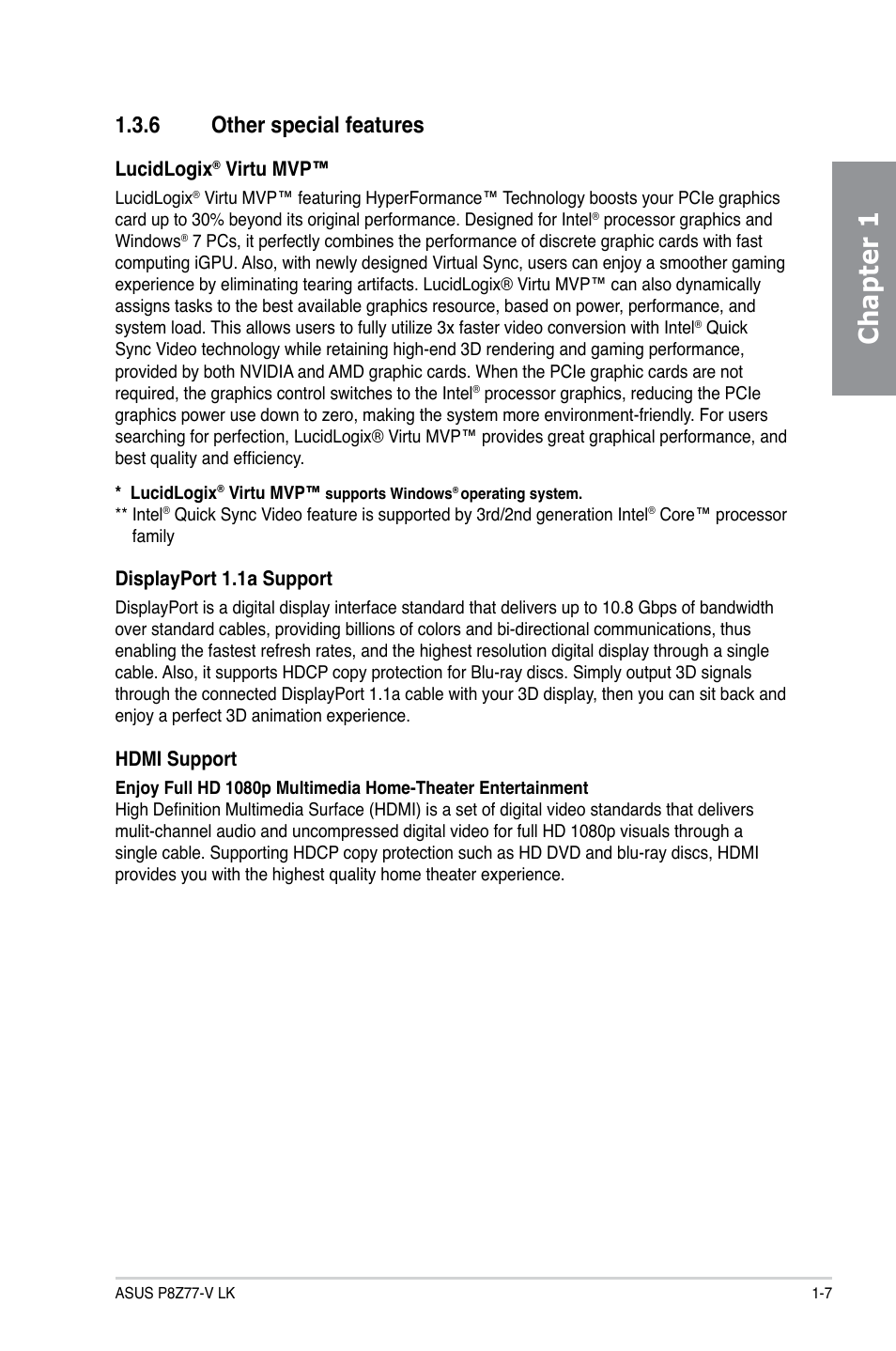 6 other special features, Other special features -7, Chapter 1 | Asus P8Z77-V LK User Manual | Page 19 / 154