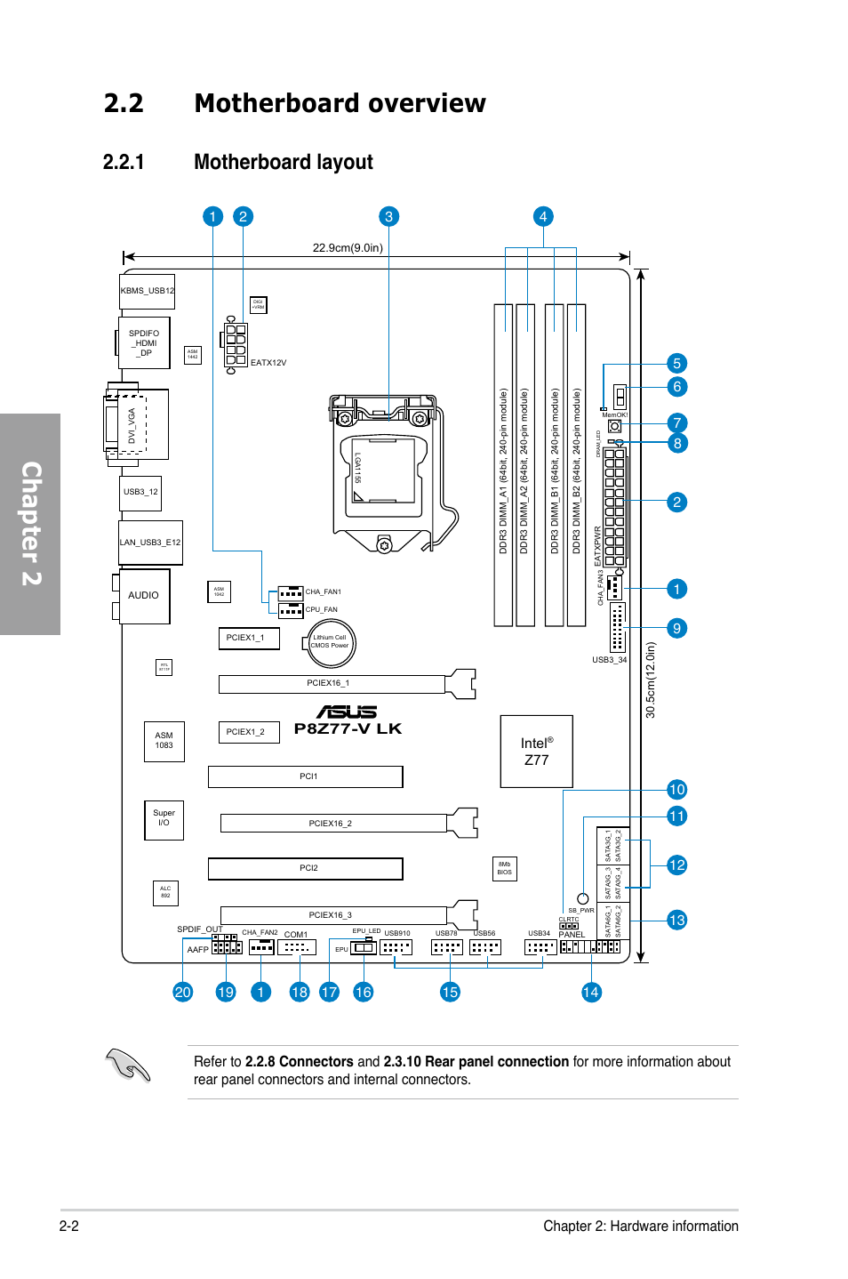 2 motherboard overview, 1 motherboard layout, Motherboard overview -2 2.2.1 | Motherboard layout -2, Chapter 2, 2 chapter 2: hardware information, P8z77-v lk, Intel | Asus P8Z77-V LK User Manual | Page 22 / 154