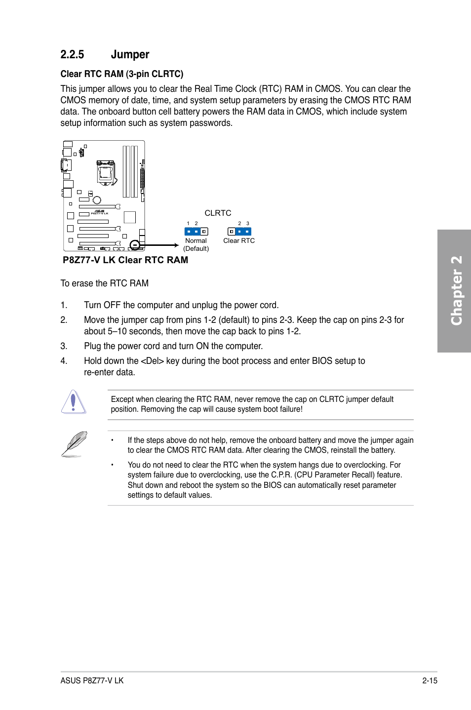 5 jumper, Jumper -15, Chapter 2 | Asus P8Z77-V LK User Manual | Page 35 / 154