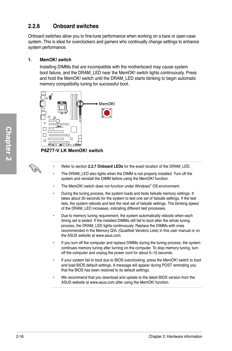 6 onboard switches, Onboard switches -16, Chapter 2 | Asus P8Z77-V LK User Manual | Page 36 / 154