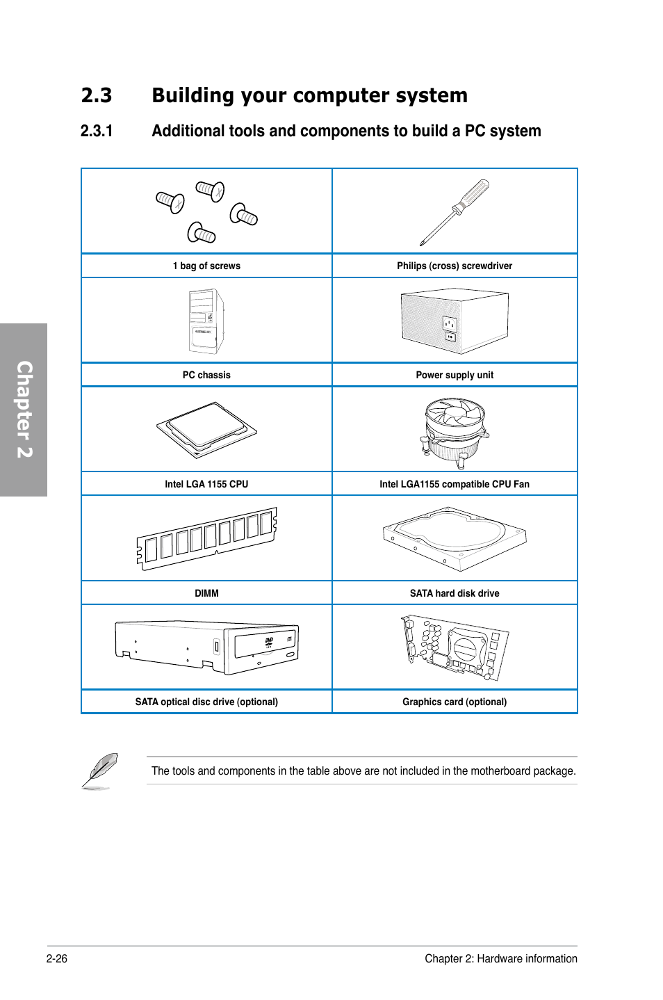 3 building your computer system, Building your computer system -26 2.3.1, Chapter 2 2.3 building your computer system | Asus P8Z77-V LK User Manual | Page 46 / 154