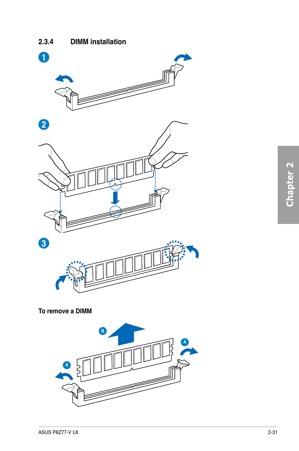 4 dimm installation, Dimm installation -31, Chapter 2 1 2 3 | Asus P8Z77-V LK User Manual | Page 51 / 154