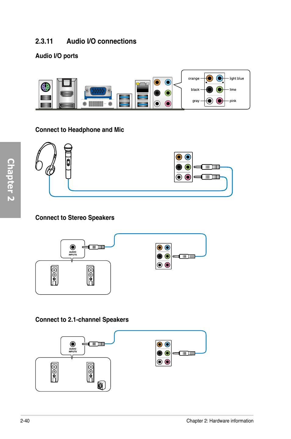 11 audio i/o connections, Audio i/o connections -40, Chapter 2 | Asus P8Z77-V LK User Manual | Page 60 / 154