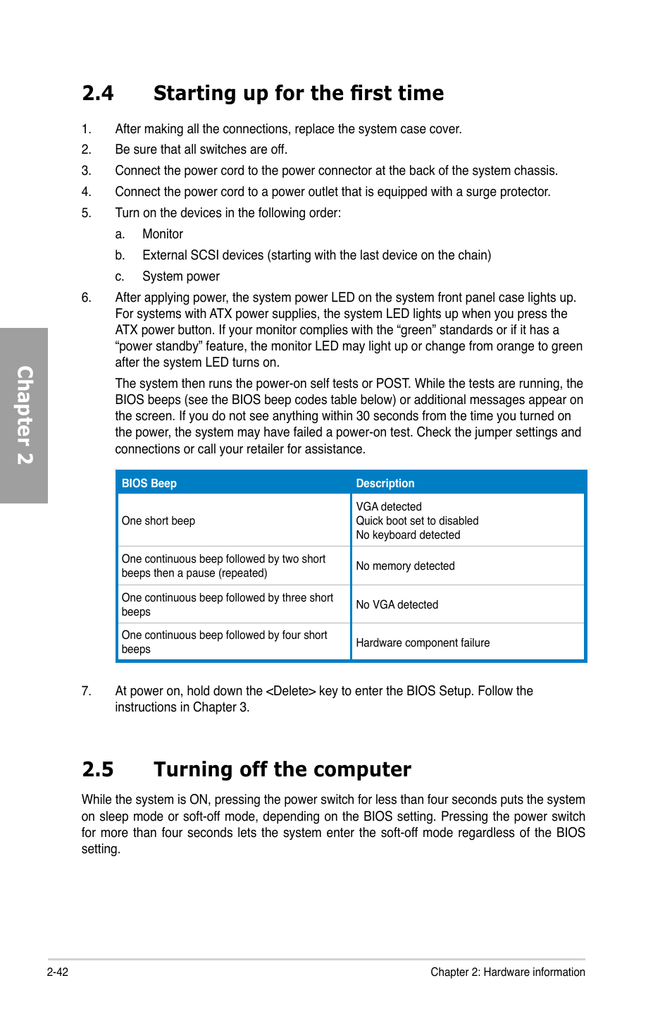 4 starting up for the first time, 5 turning off the computer, Starting up for the first time -42 | Turning off the computer -42, Chapter 2 2.4 starting up for the first time | Asus P8Z77-V LK User Manual | Page 62 / 154