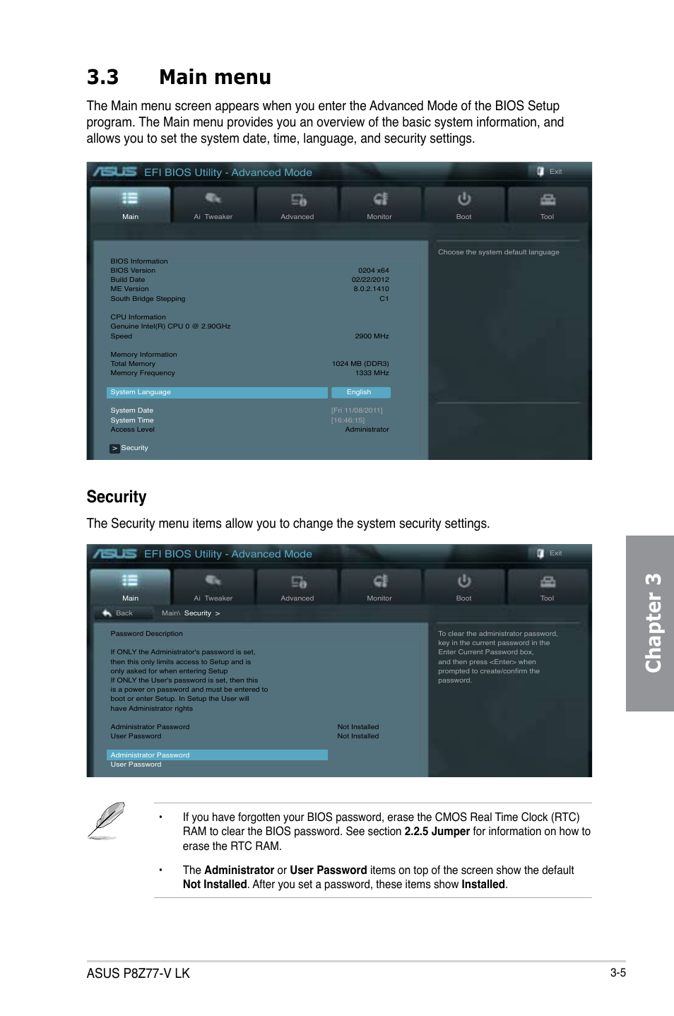 3 main menu, Main menu -5, Chapter 3 3.3 main menu | Security, Asus p8z77-v lk | Asus P8Z77-V LK User Manual | Page 67 / 154