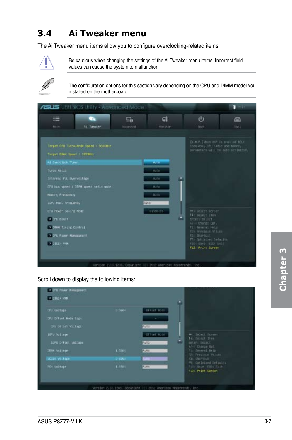 4 ai tweaker menu, Ai tweaker menu -7, Chapter 3 3.4 ai tweaker menu | Asus P8Z77-V LK User Manual | Page 69 / 154