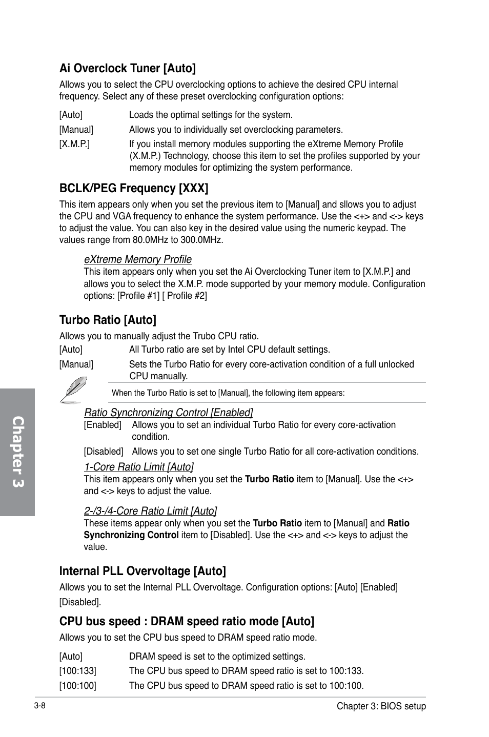 Chapter 3, Ai overclock tuner [auto, Bclk/peg frequency [xxx | Turbo ratio [auto, Internal pll overvoltage [auto, Cpu bus speed : dram speed ratio mode [auto | Asus P8Z77-V LK User Manual | Page 70 / 154