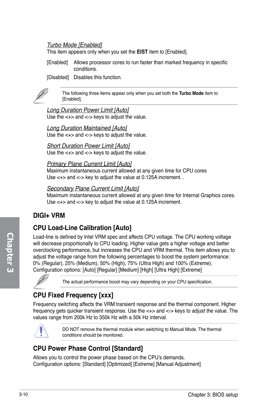 Chapter 3, Digi+ vrm cpu load-line calibration [auto, Cpu fixed frequency [xxx | Cpu power phase control [standard | Asus P8Z77-V LK User Manual | Page 72 / 154