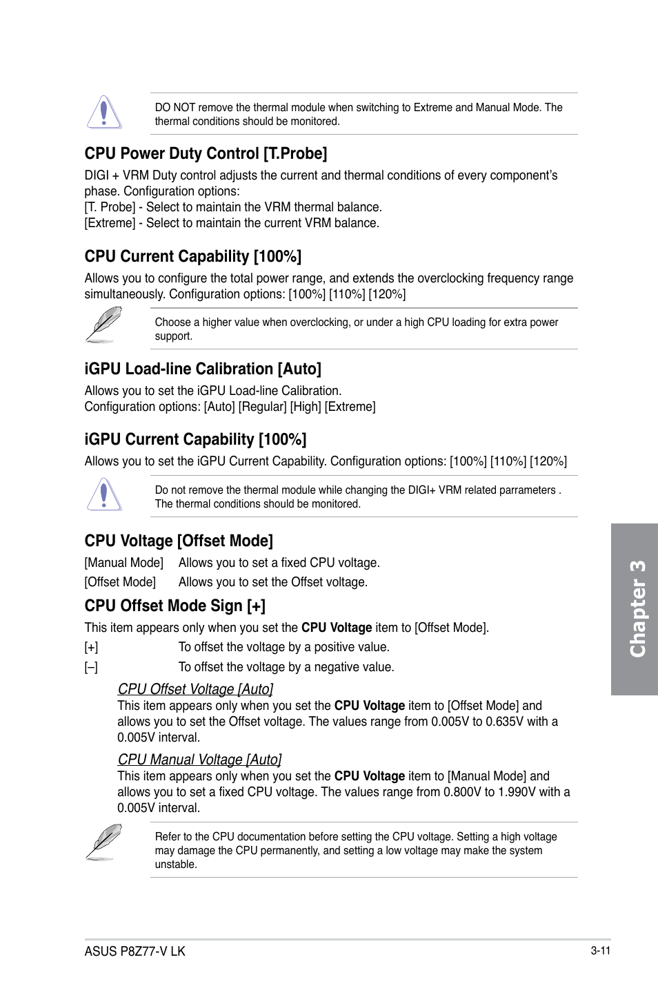Chapter 3, Cpu power duty control [t.probe, Cpu current capability [100 | Igpu load-line calibration [auto, Igpu current capability [100, Cpu voltage [offset mode, Cpu offset mode sign | Asus P8Z77-V LK User Manual | Page 73 / 154